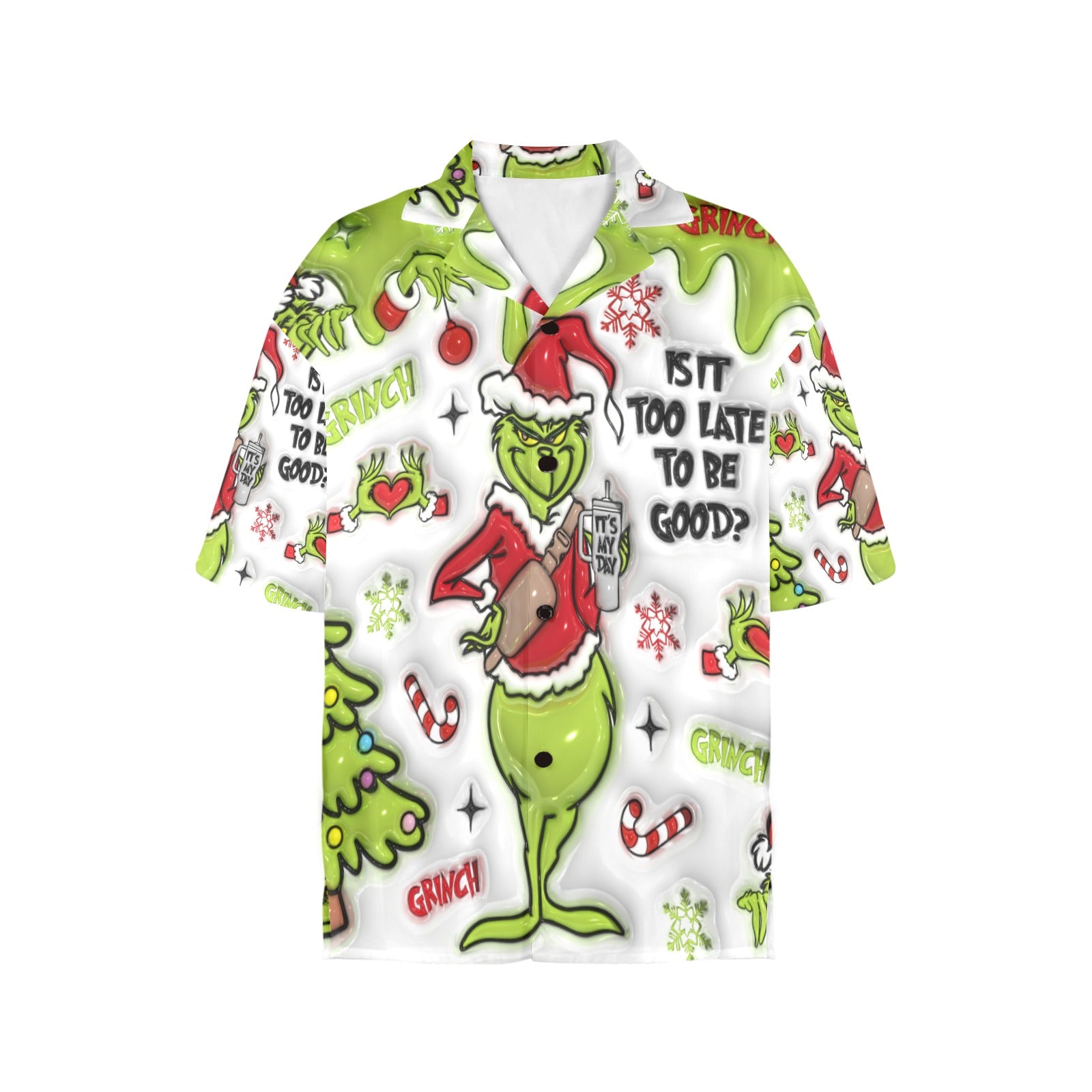 Women's All Over Print Grinchy Hawaiian Christmas Shirt （Made in USA，Ships to USA Only）