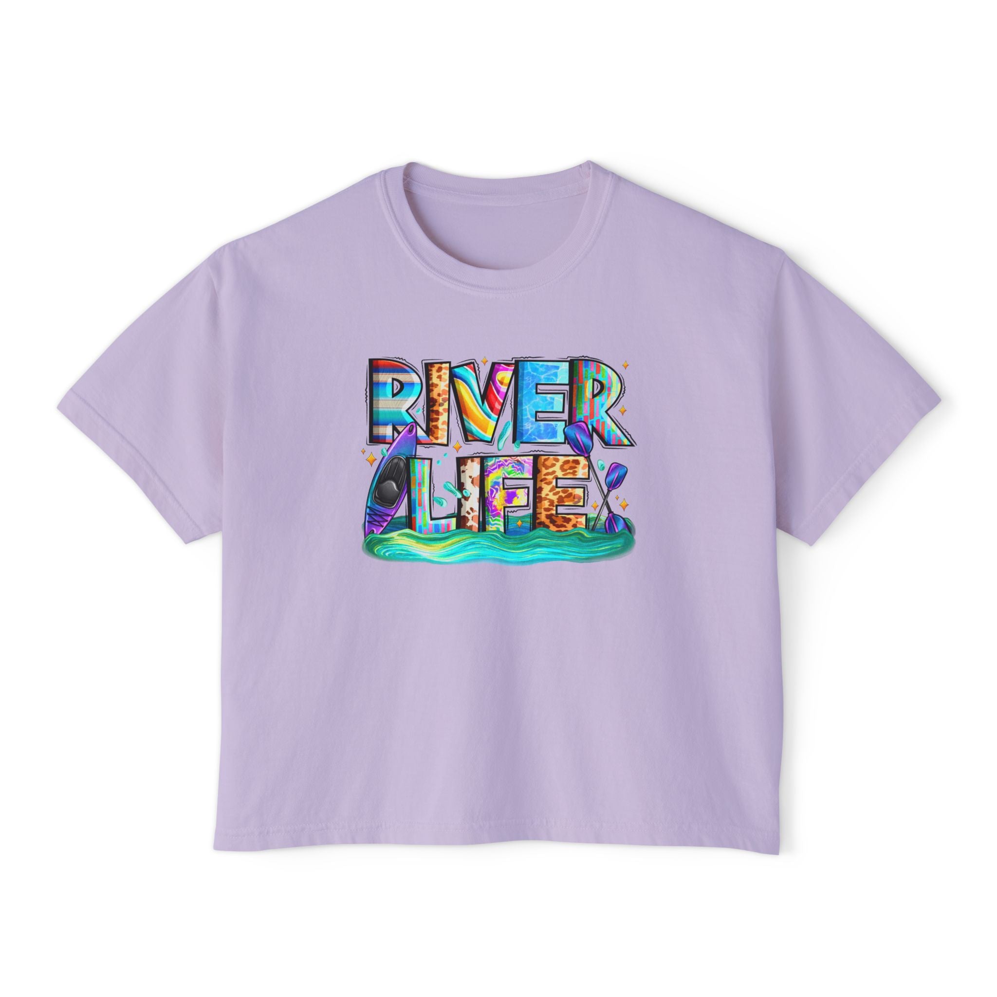 River Life boxy tee | colorful river lettering, kayak, fishing graphics