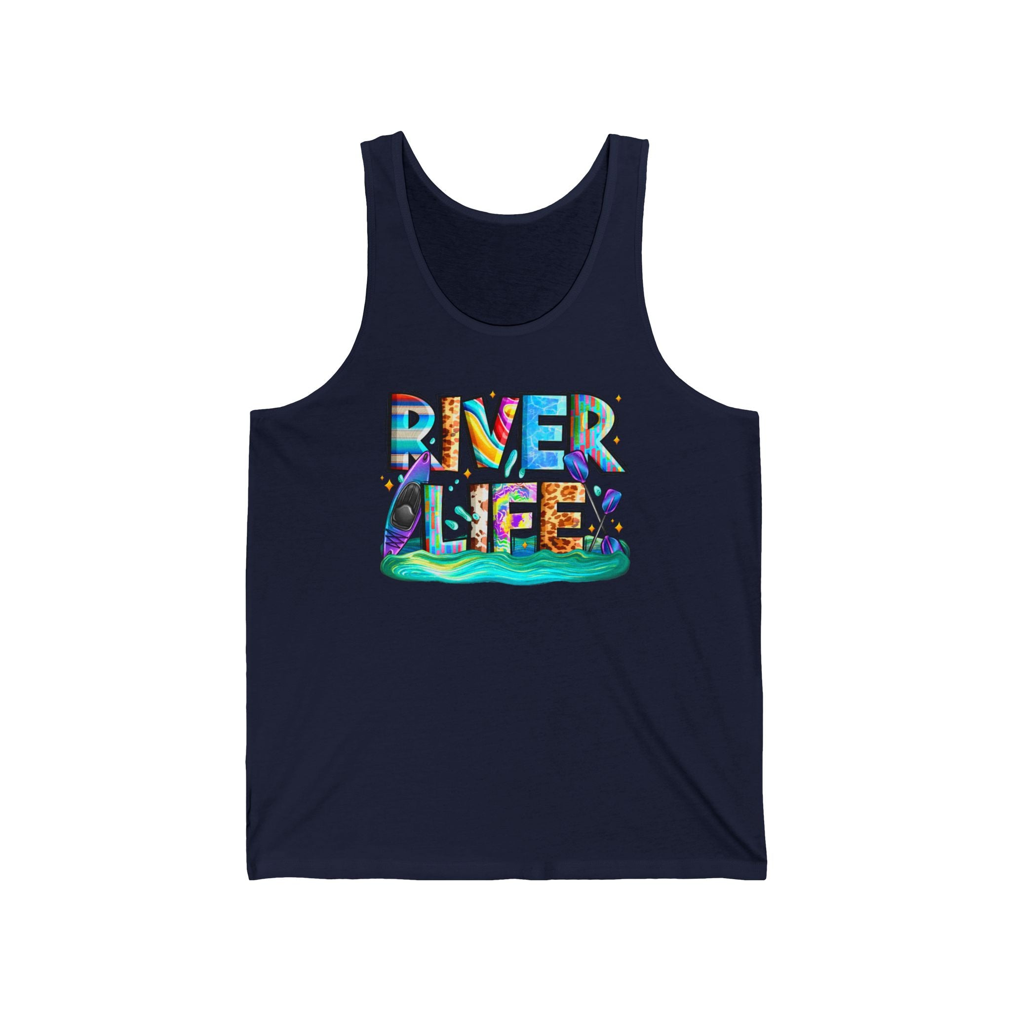River Life tank | colorful water typography, kayak, nature summer design
