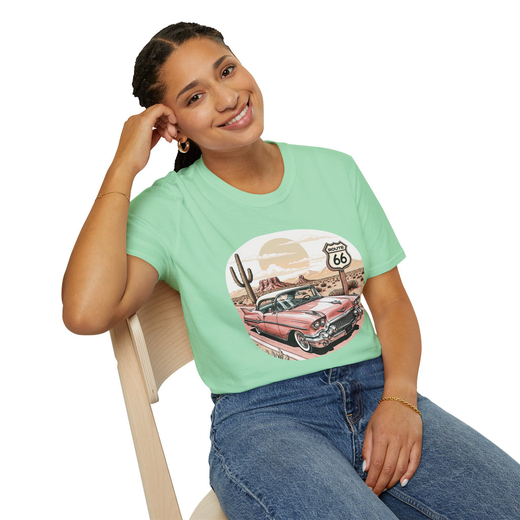 Retro Pink Classic Car Route 66 T-Shirt | Desert Cactus Vintage Roadtrip