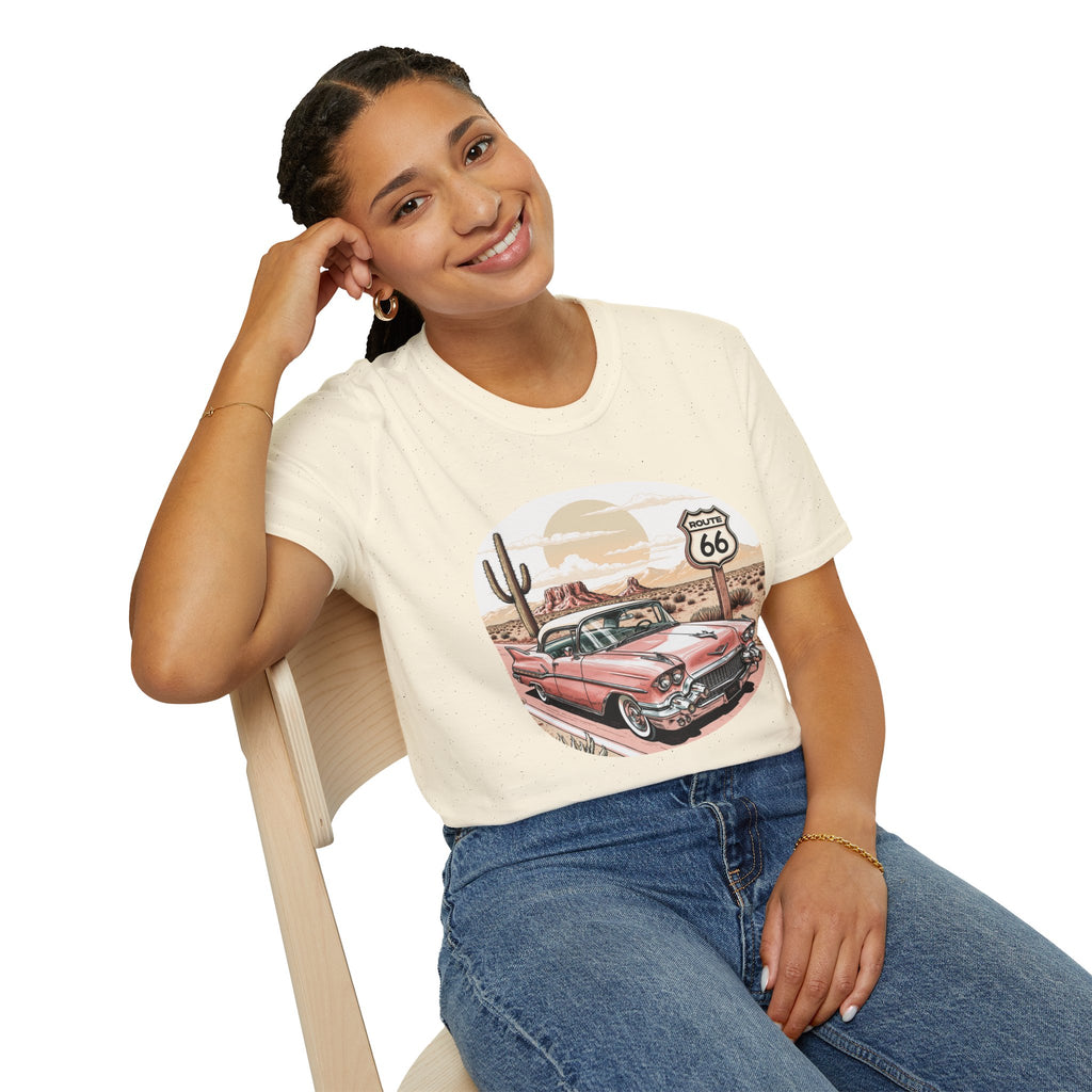 Retro Pink Classic Car Route 66 T-Shirt | Desert Cactus Vintage Roadtrip