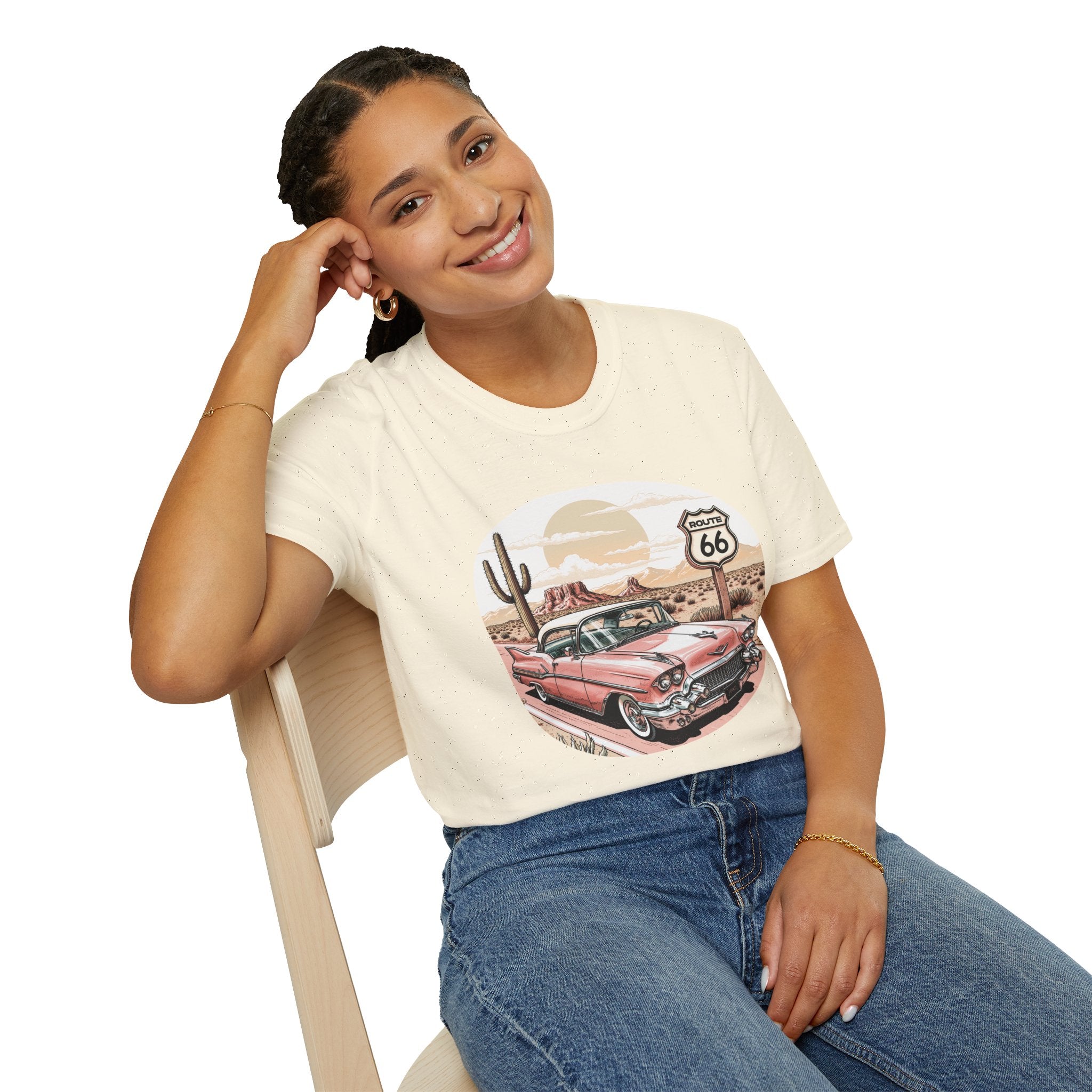 Retro Pink Classic Car Route 66 T-Shirt | Desert Cactus Vintage Roadtrip