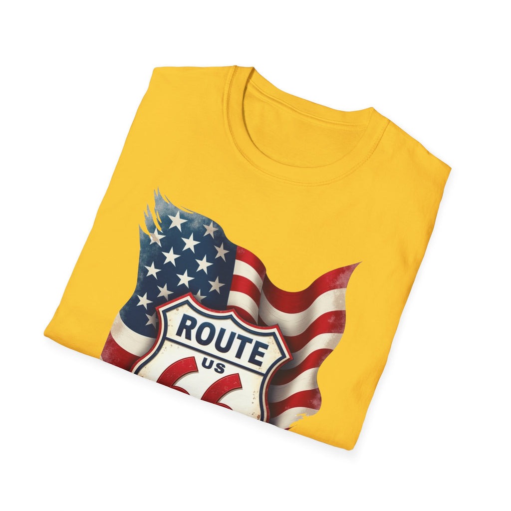 Route 66 Shield with American Flag T-Shirt | Vintage Road Trip Tee