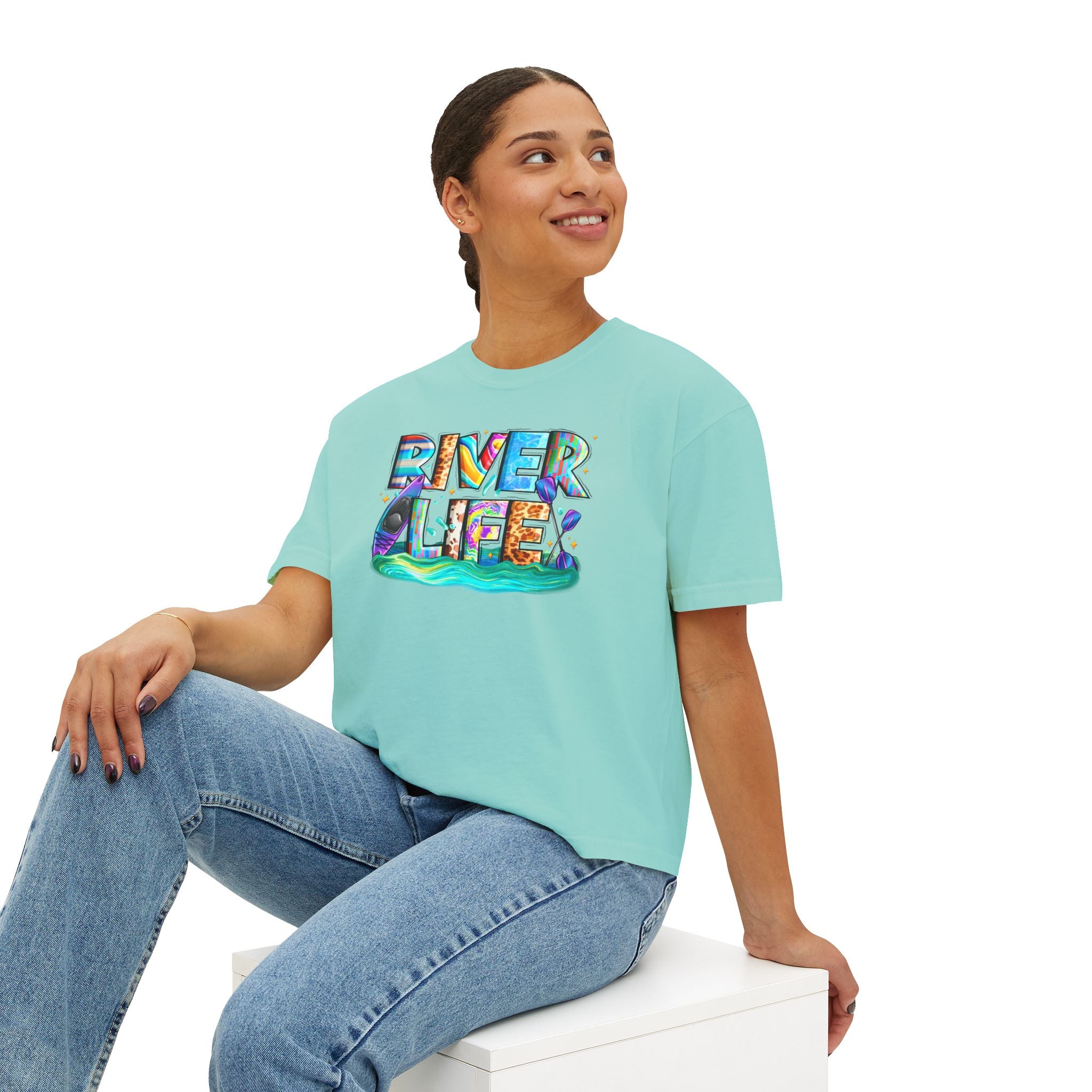 River Life boxy tee | colorful river lettering, kayak, fishing graphics