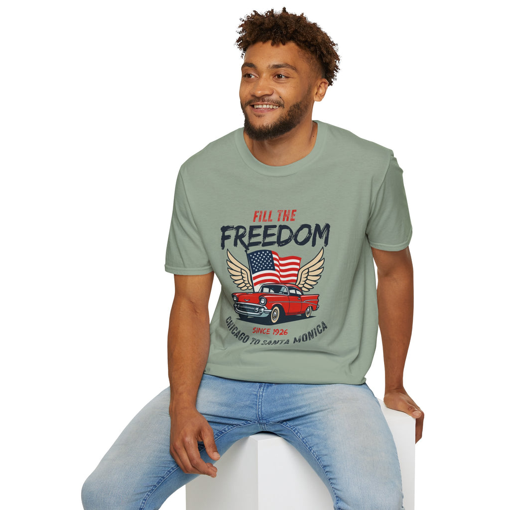 Fill the Freedom Vintage Car T-Shirt | American Flag Wings Chicago to Santa Monica Route 66