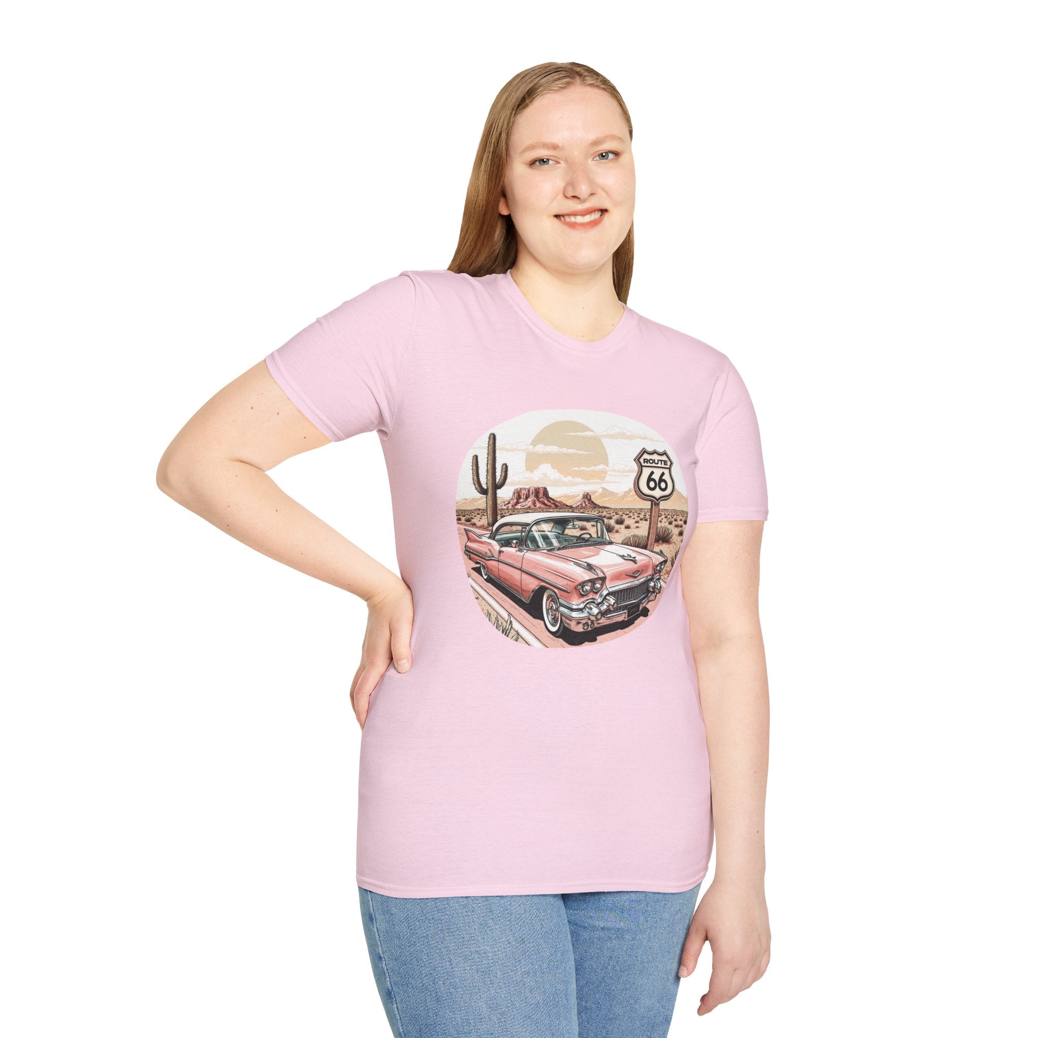 Retro Pink Classic Car Route 66 T-Shirt | Desert Cactus Vintage Roadtrip