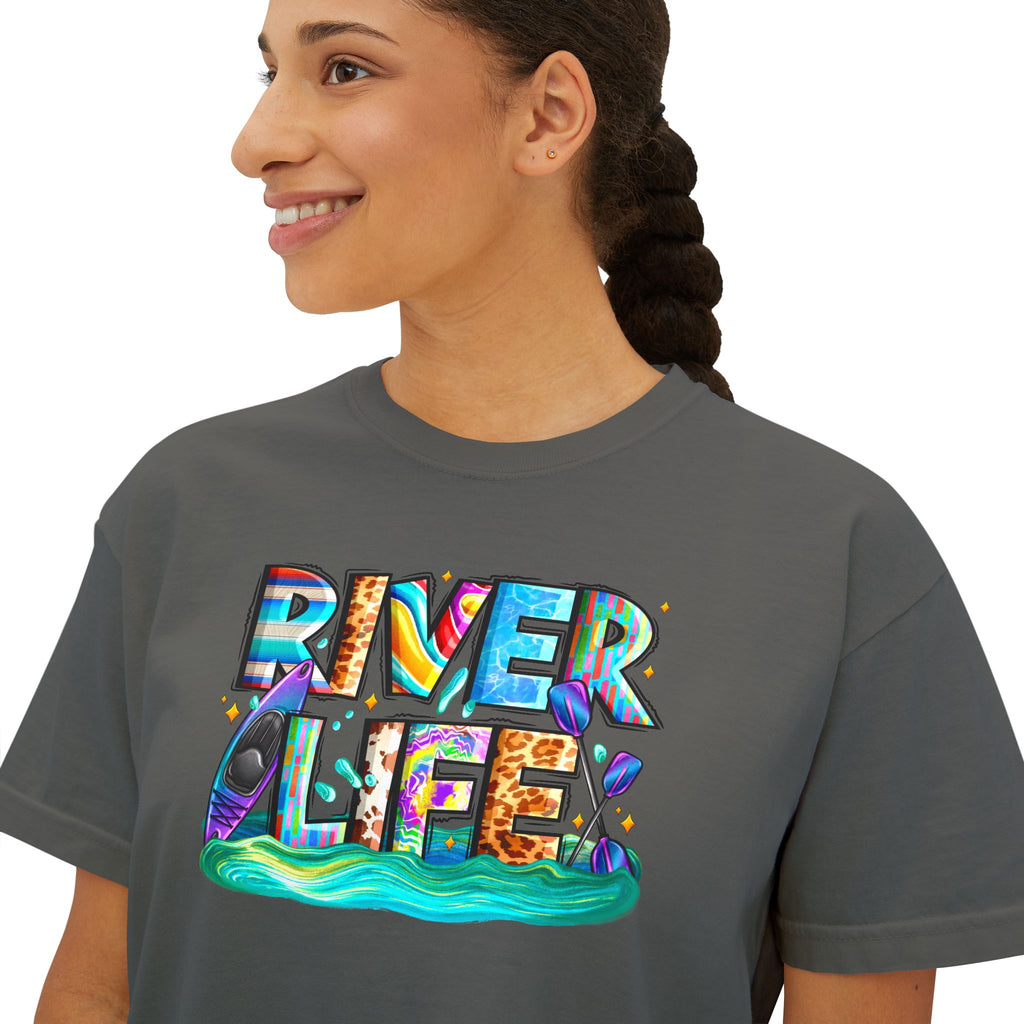 River Life boxy tee | colorful river lettering, kayak, fishing graphics