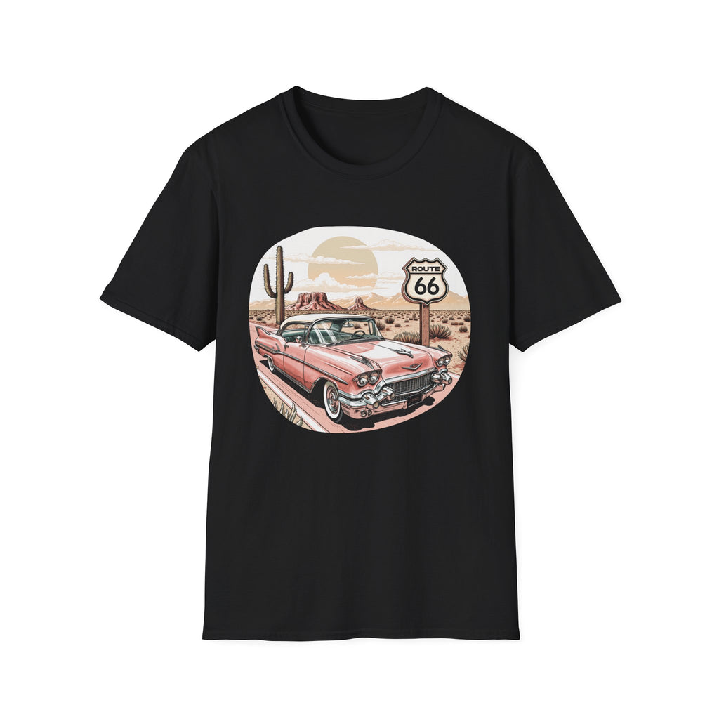 Retro Pink Classic Car Route 66 T-Shirt | Desert Cactus Vintage Roadtrip
