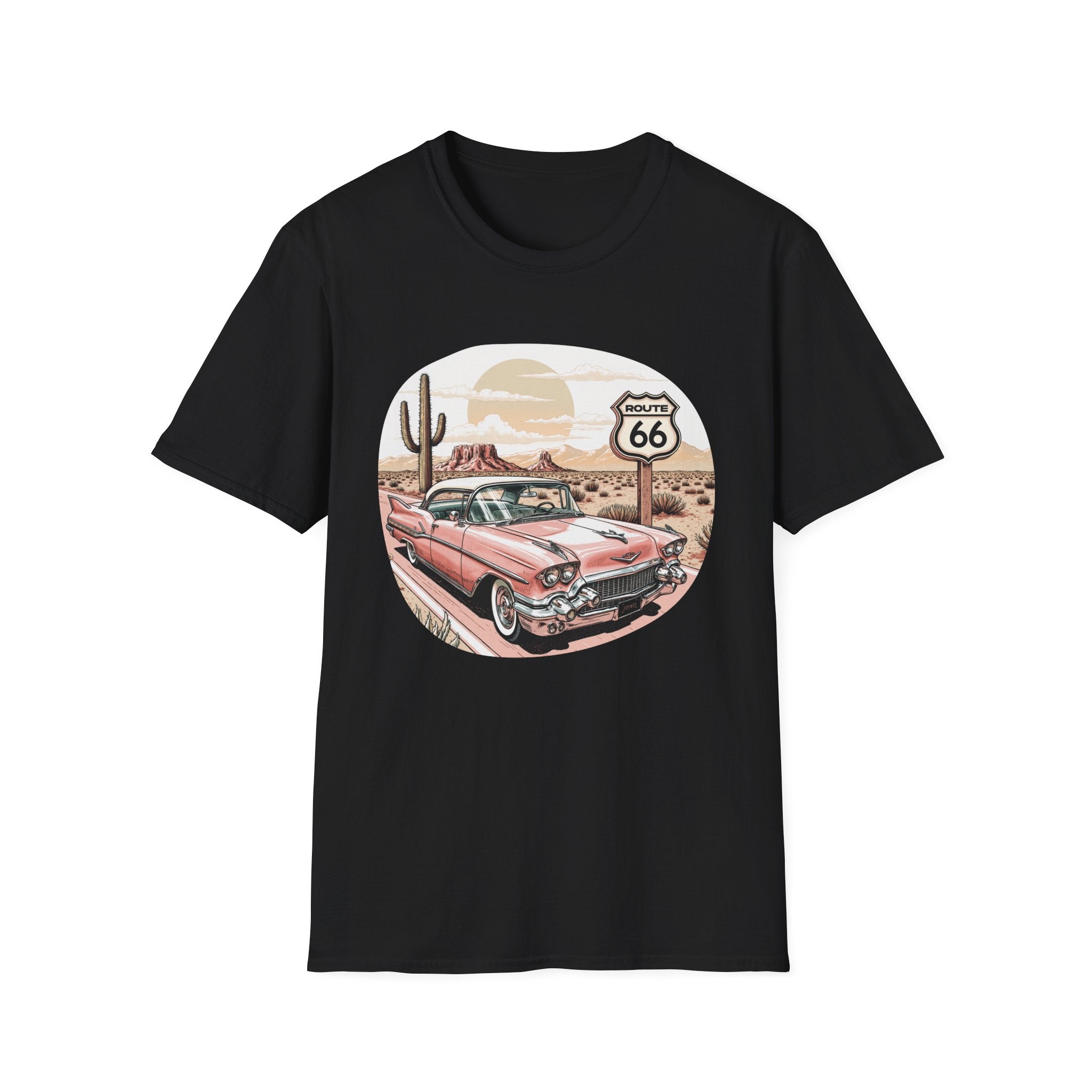 Retro Pink Classic Car Route 66 T-Shirt | Desert Cactus Vintage Roadtrip