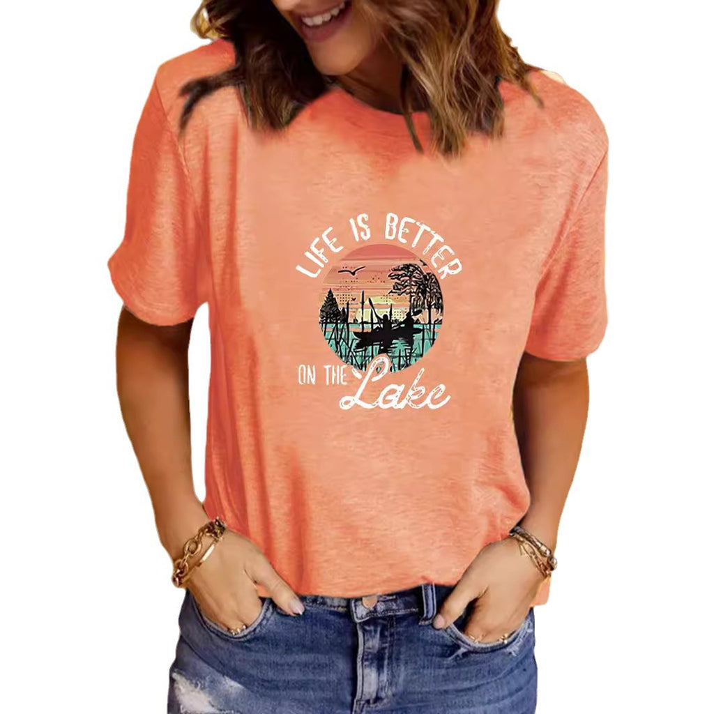 LAKE print round neck short sleeved T-shirt
