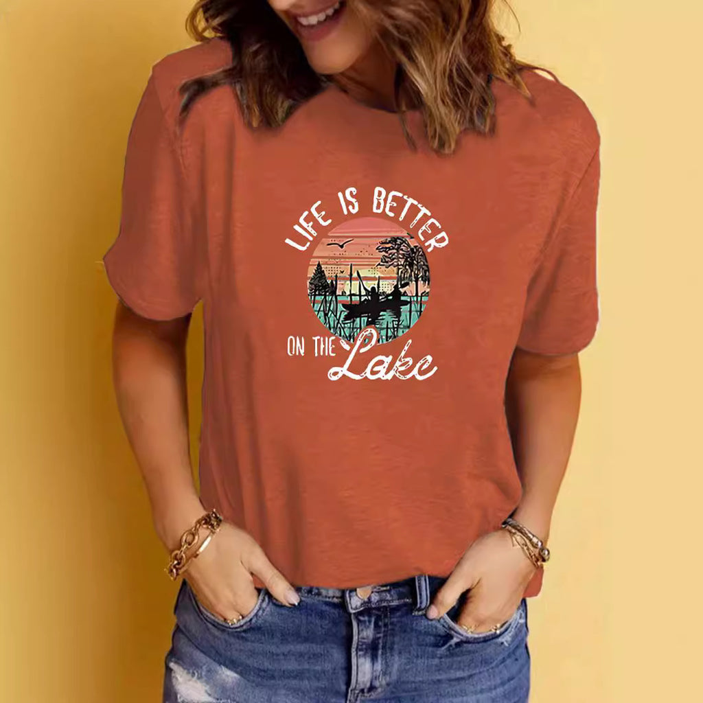 LAKE print round neck short sleeved T-shirt