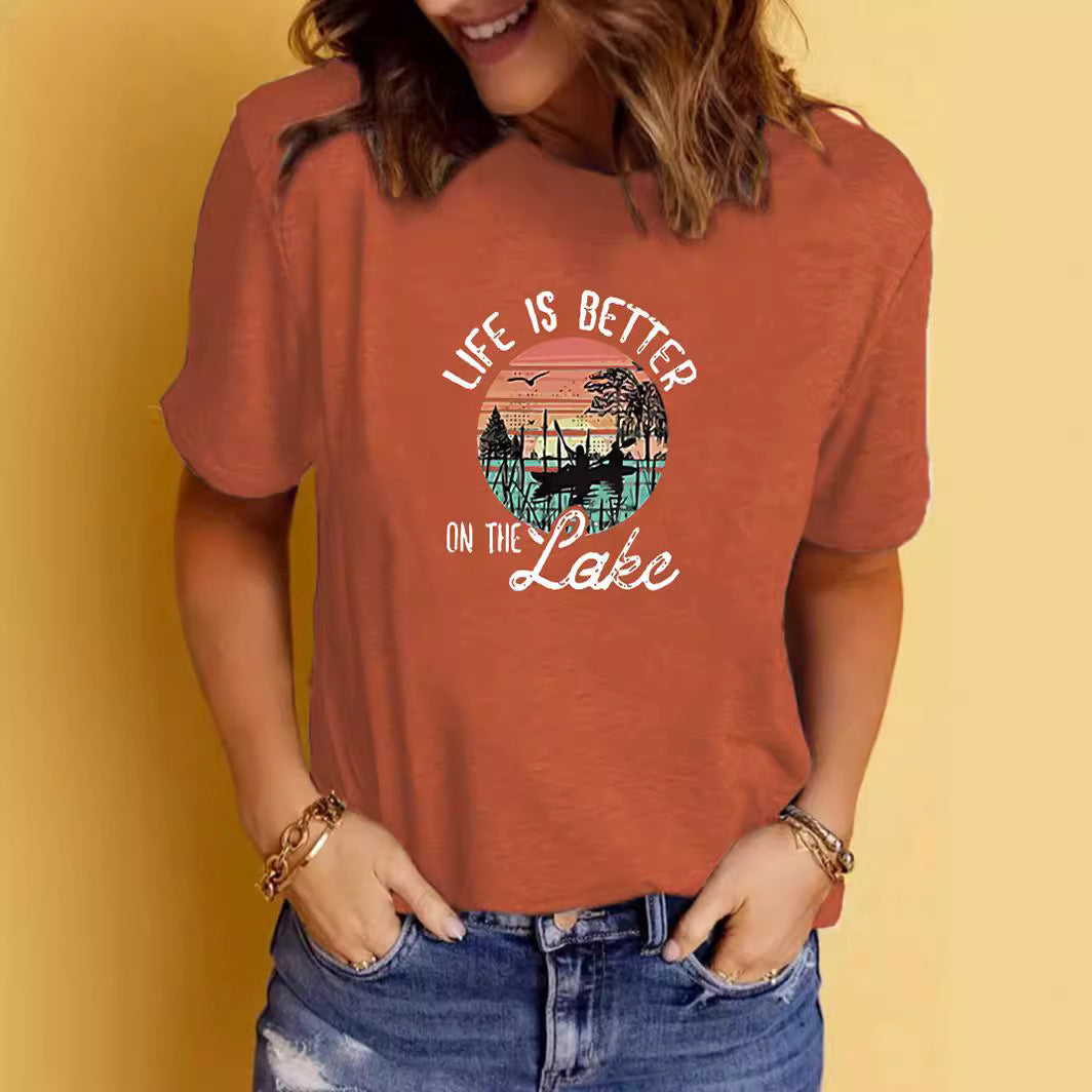 LAKE print round neck short sleeved T-shirt