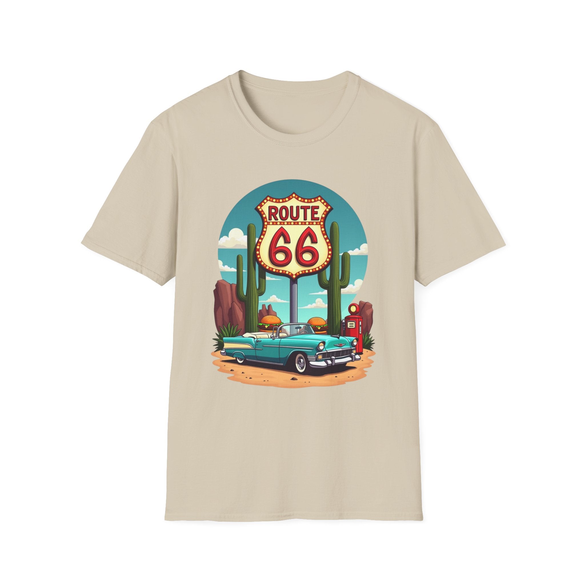 Route 66 Classic Car T-Shirt | Retro Desert Road Sign, Vintage Convertible
