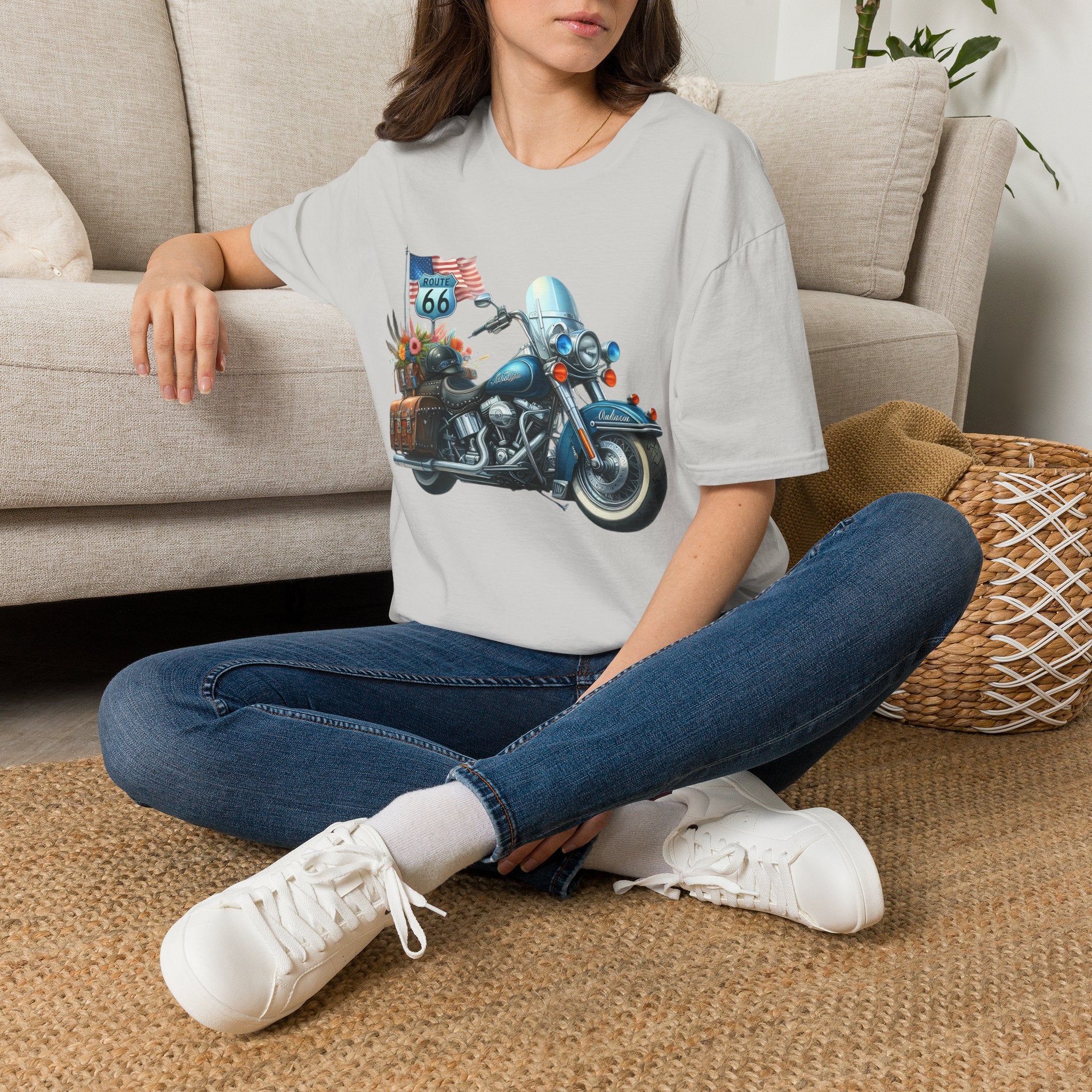 Route 66 Motorcycle Illustration T-Shirt | American Flag, Sunflowers