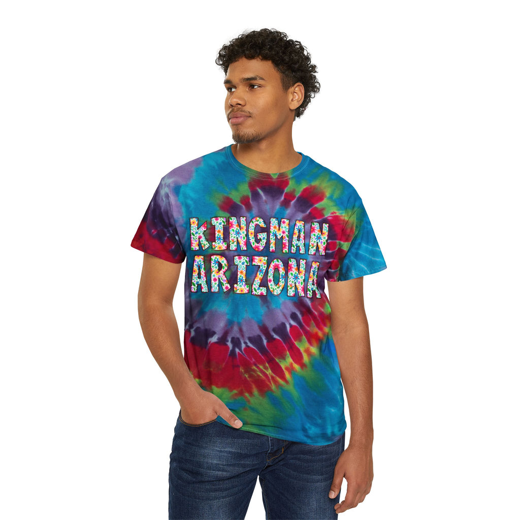 Colorful Tie-Dye Tee with 'Kingman Arizona' Design, Summer Vibe, Perfect for Festivals, Gifts, Beach Days, Casual Wear