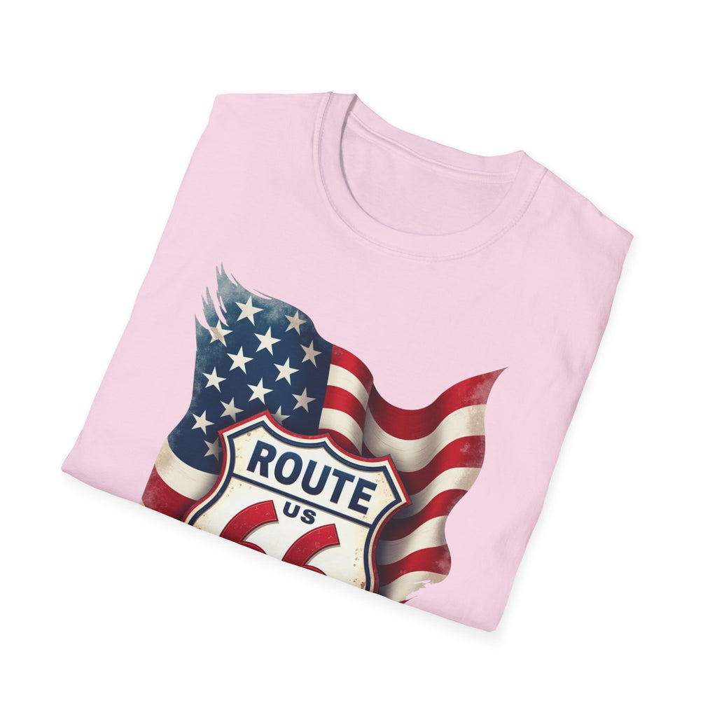 Route 66 Shield with American Flag T-Shirt | Vintage Road Trip Tee