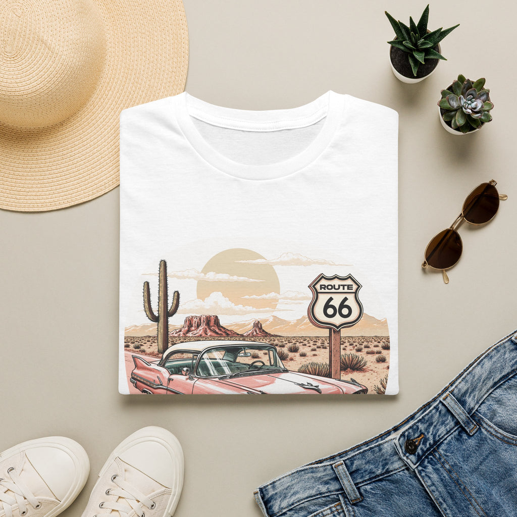 Retro Pink Classic Car Route 66 T-Shirt | Desert Cactus Vintage Roadtrip