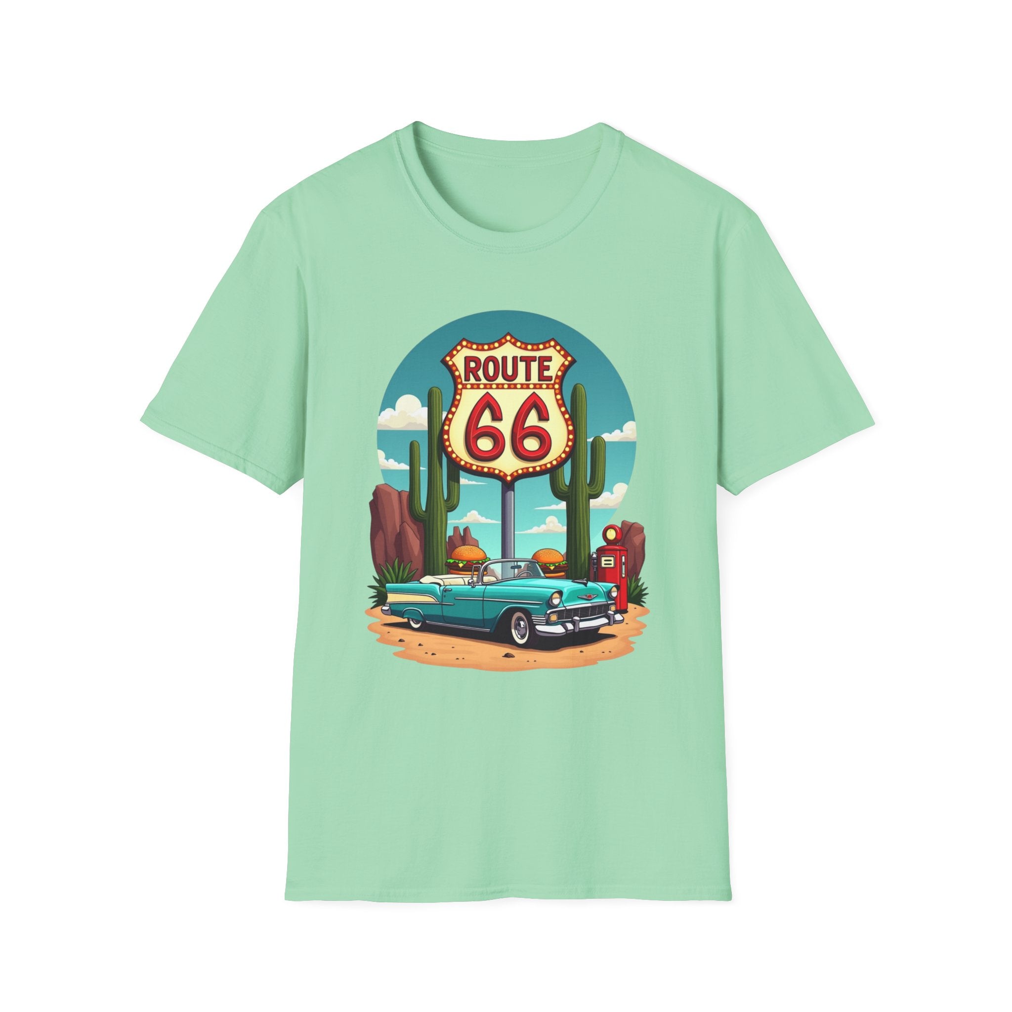 Route 66 Classic Car T-Shirt | Retro Desert Road Sign, Vintage Convertible
