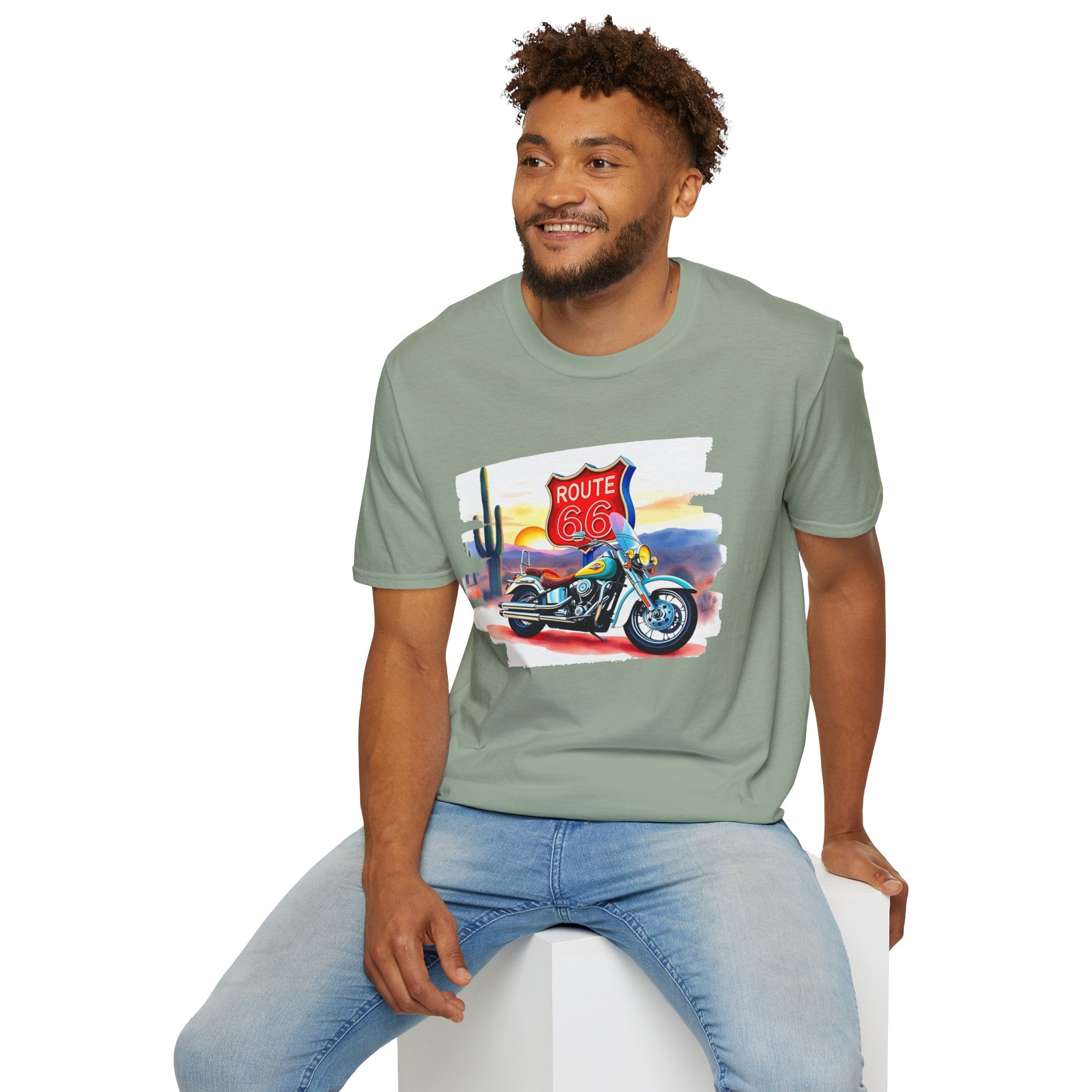 Route 66 Motorcycle T-Shirt | Desert Sunset Biker Graphic