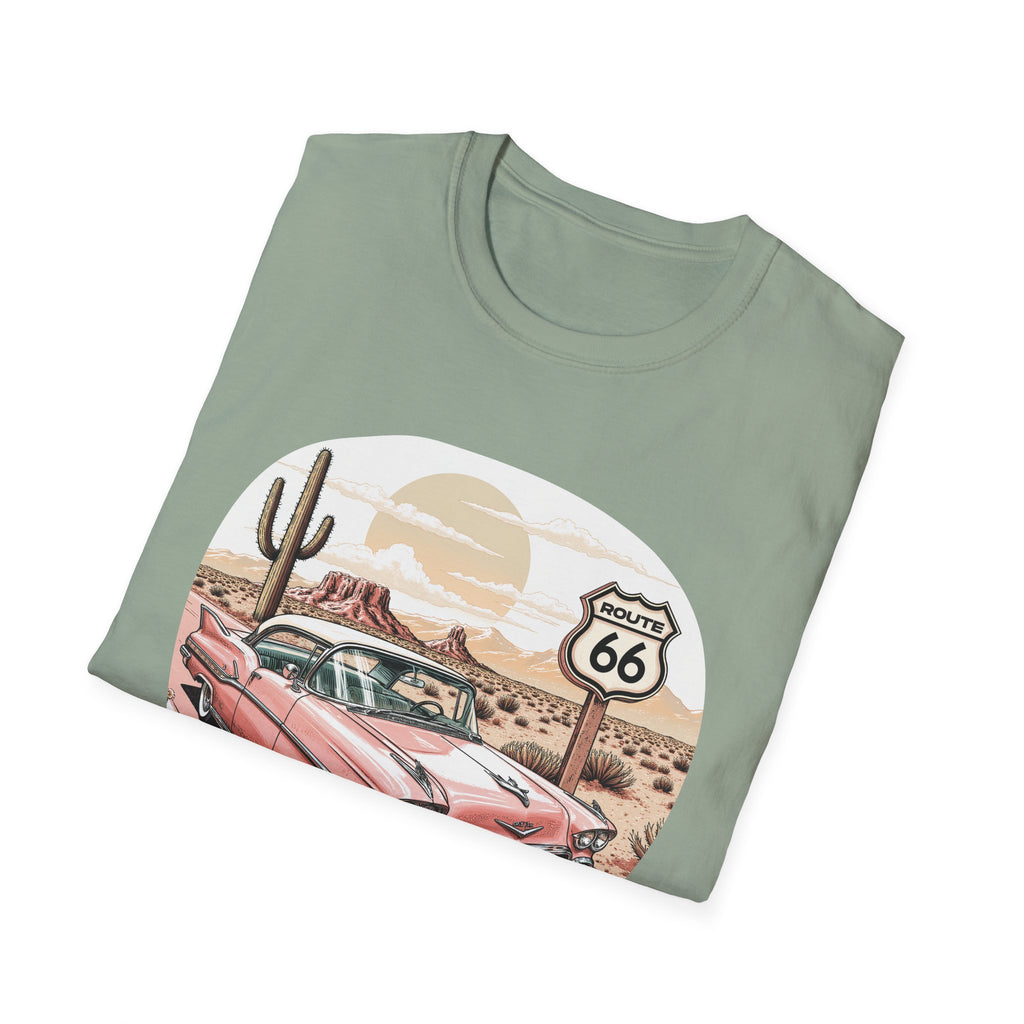 Retro Pink Classic Car Route 66 T-Shirt | Desert Cactus Vintage Roadtrip