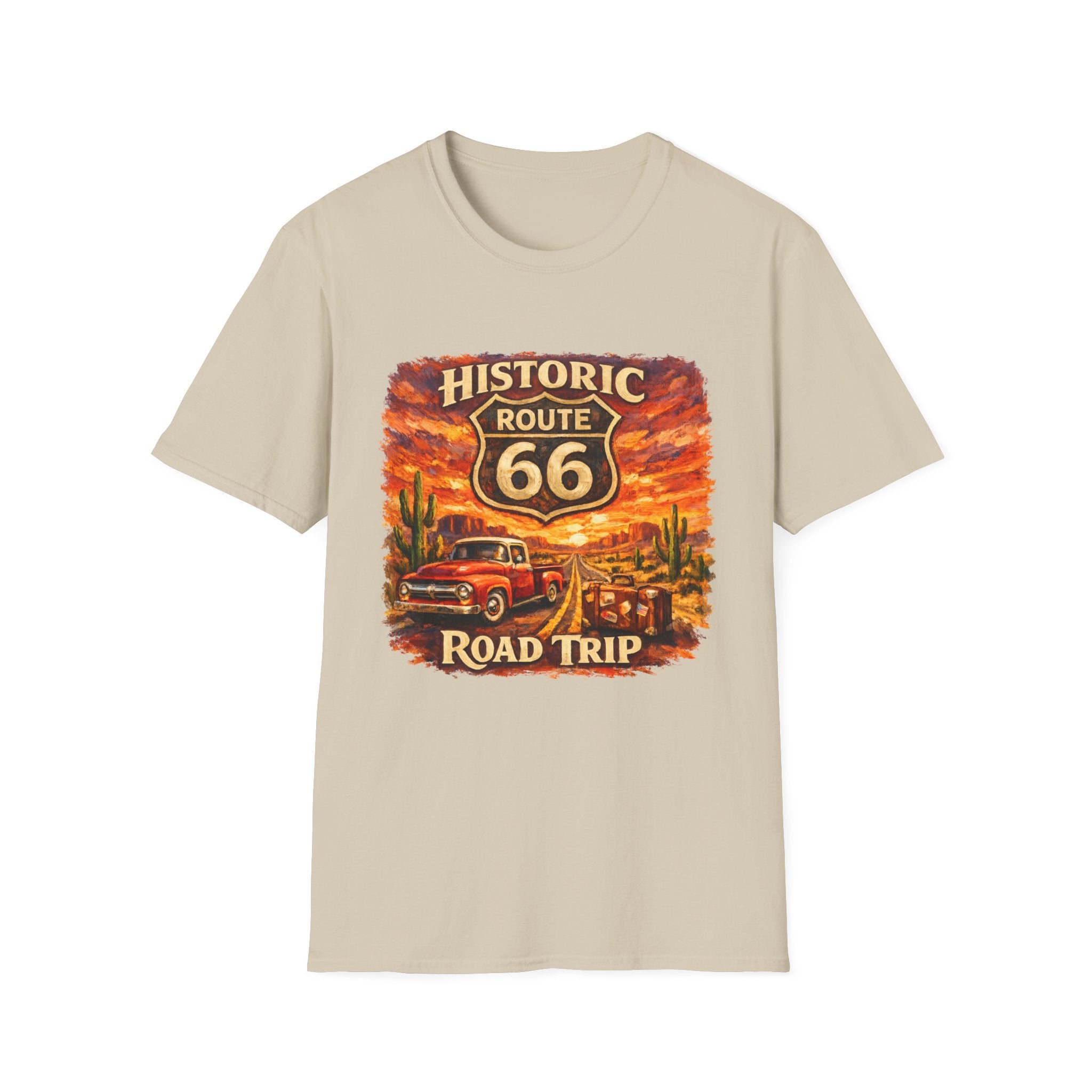 Historic Route 66 Road Trip T-Shirt | Vintage Car Desert Sunset