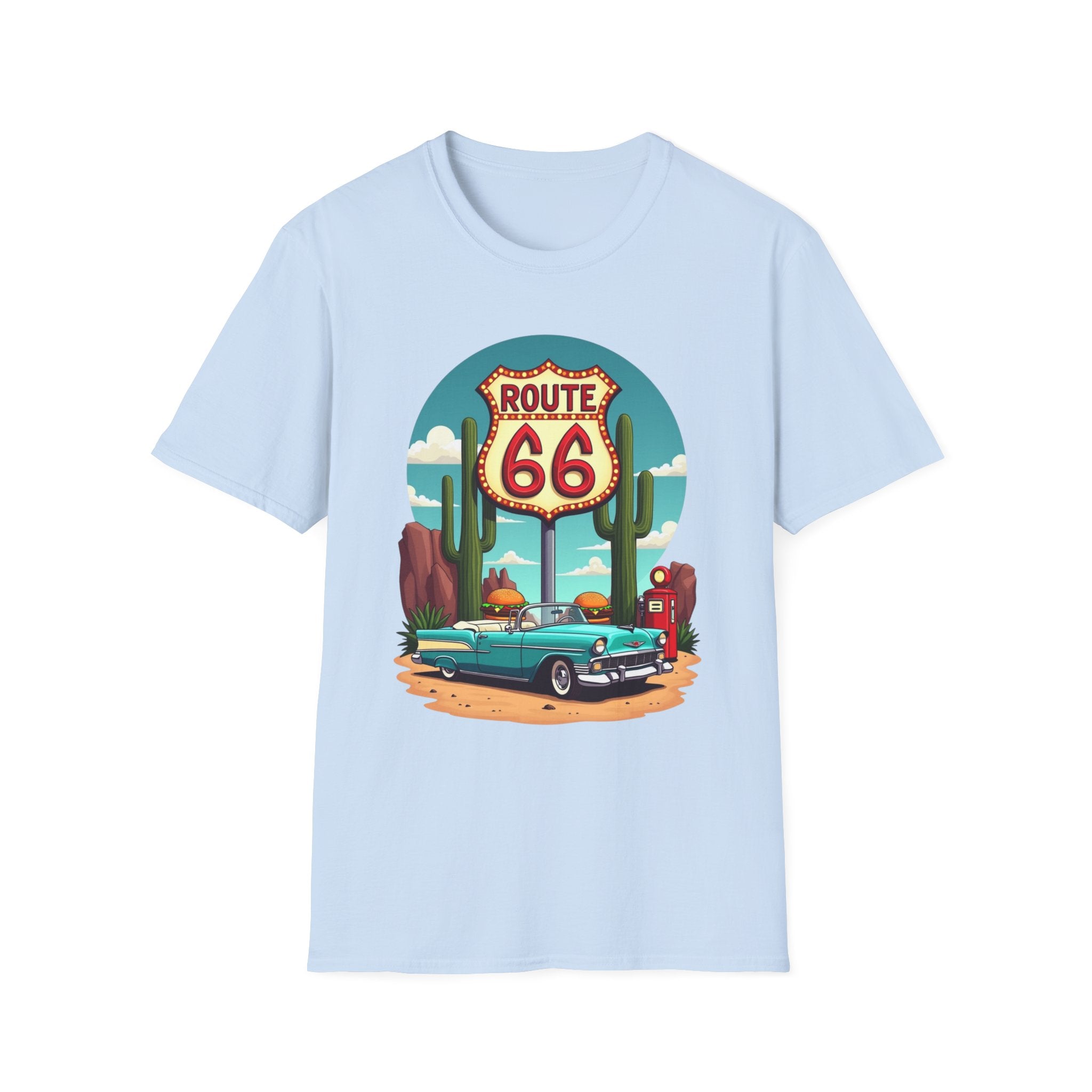 Route 66 Classic Car T-Shirt | Retro Desert Road Sign, Vintage Convertible