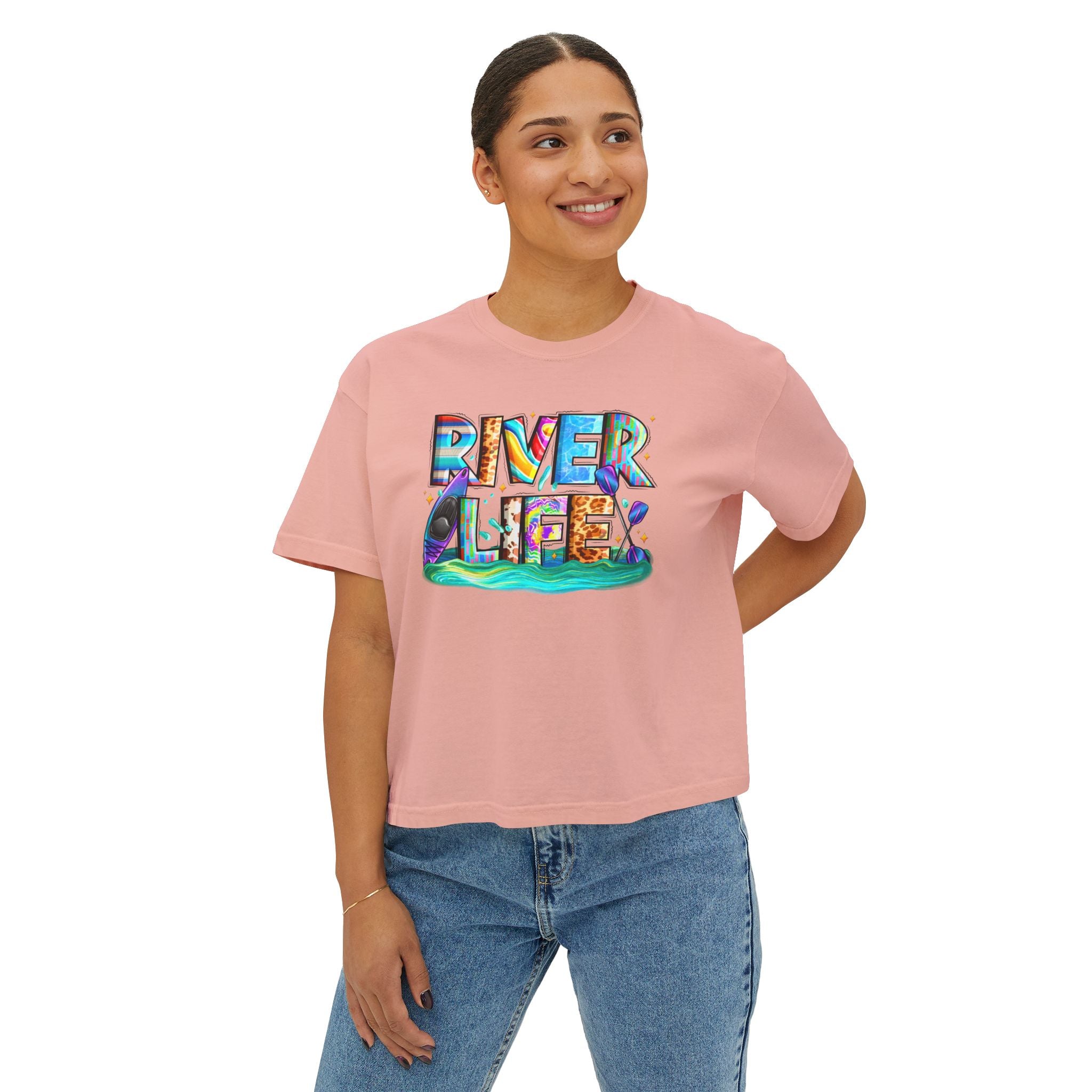 River Life boxy tee | colorful river lettering, kayak, fishing graphics