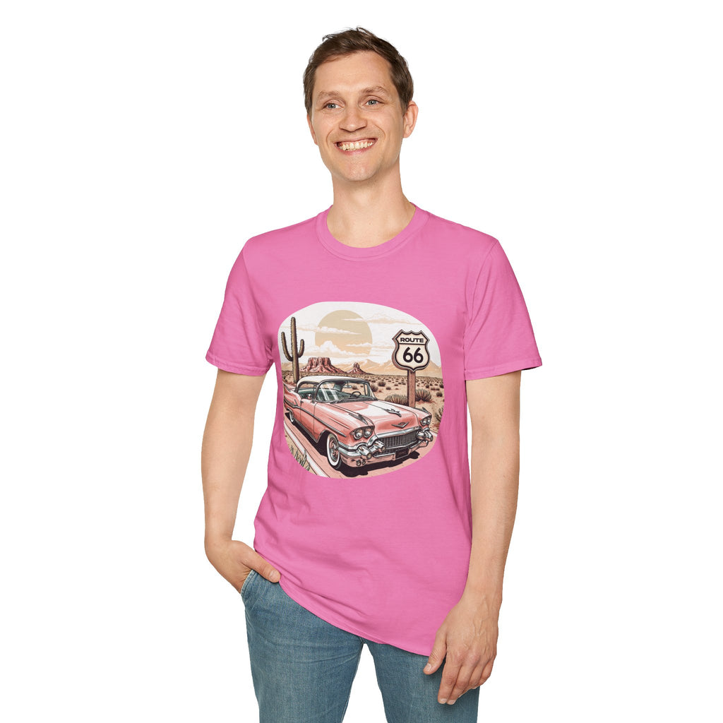 Retro Pink Classic Car Route 66 T-Shirt | Desert Cactus Vintage Roadtrip