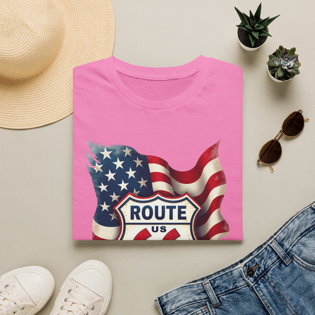 Route 66 Shield with American Flag T-Shirt | Vintage Road Trip Tee