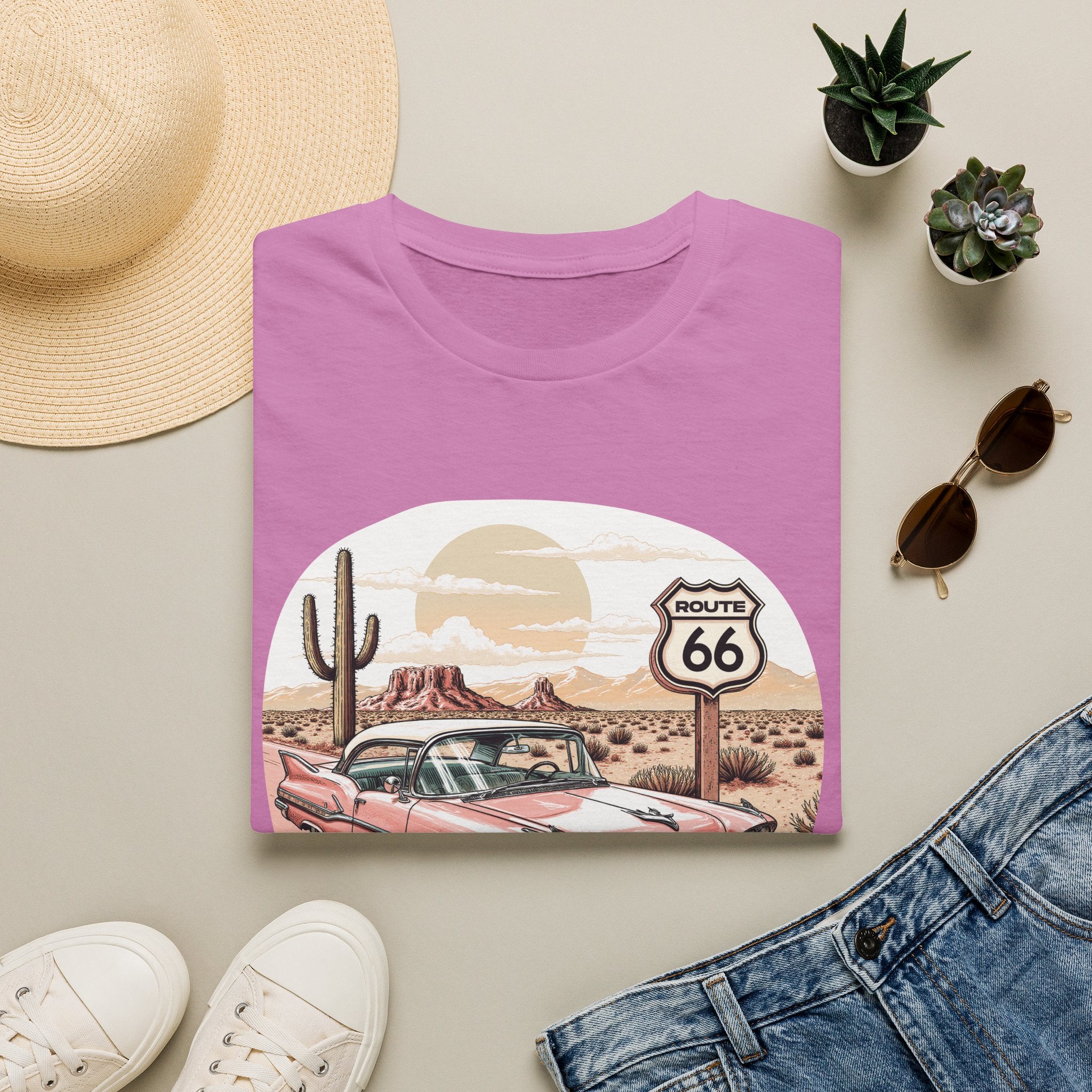 Retro Pink Classic Car Route 66 T-Shirt | Desert Cactus Vintage Roadtrip