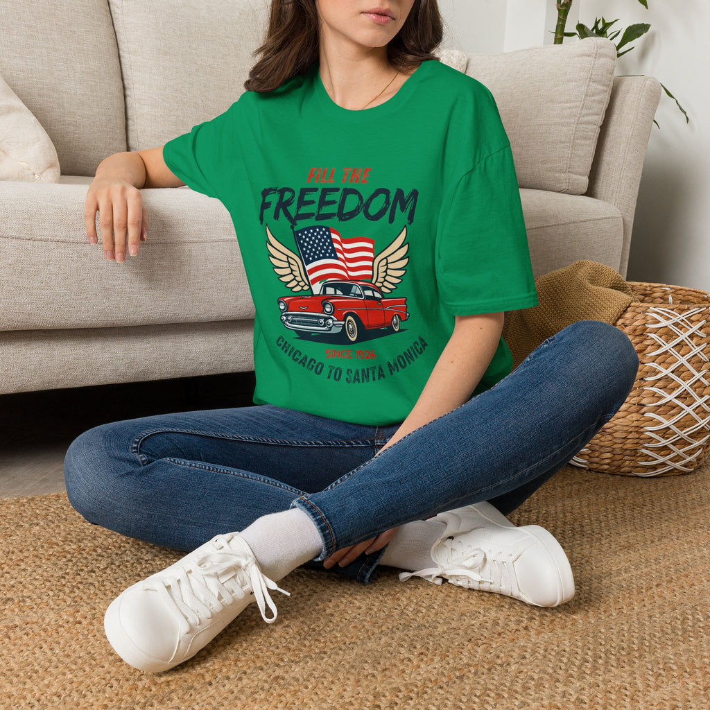 Fill the Freedom Vintage Car T-Shirt | American Flag Wings Chicago to Santa Monica Route 66