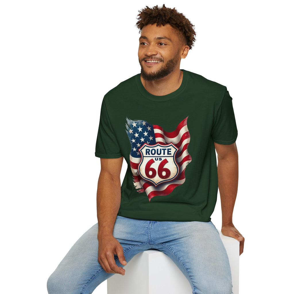 Route 66 Shield with American Flag T-Shirt | Vintage Road Trip Tee