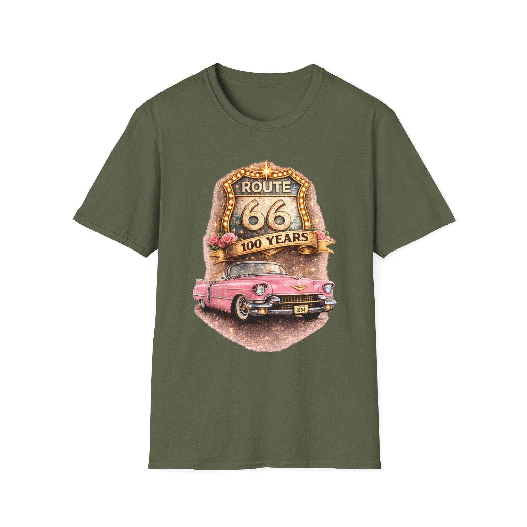 Route 66 100 Years Pink Classic Car T-Shirt | Vintage Road Trip Tee