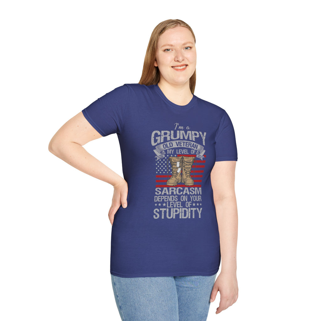 Grumpy Old Veteran Boots, T-Shirt | American Flag, Sarcasm Depends on Stupidity