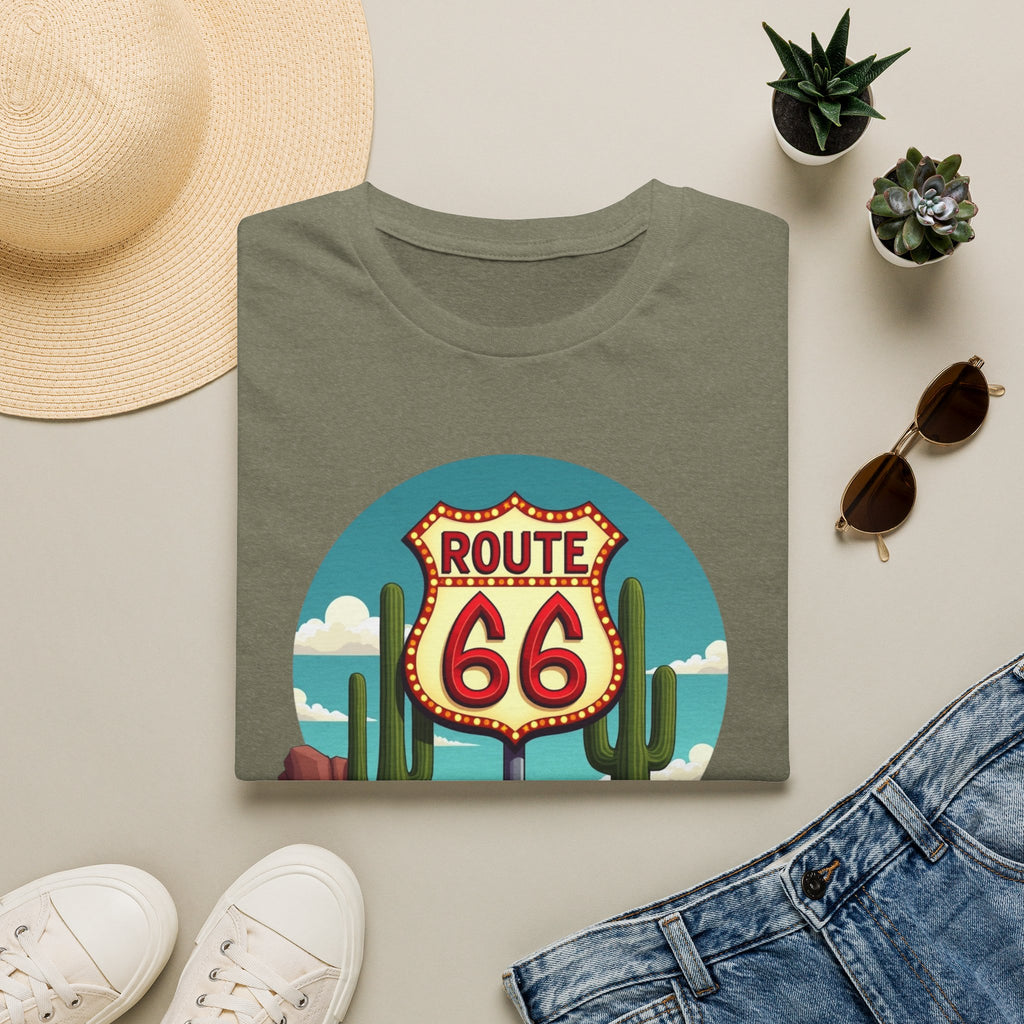 Route 66 Classic Car T-Shirt | Retro Desert Road Sign, Vintage Convertible