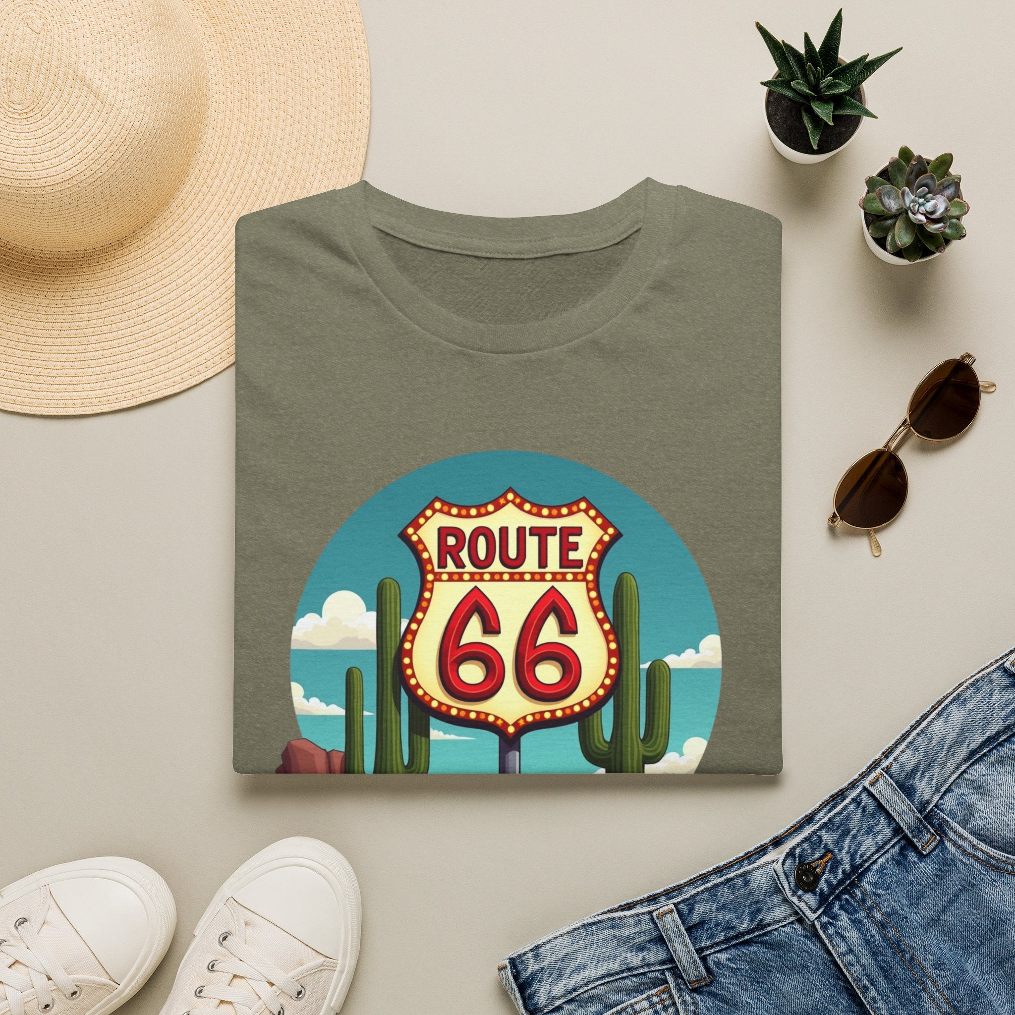 Route 66 Classic Car T-Shirt | Retro Desert Road Sign, Vintage Convertible