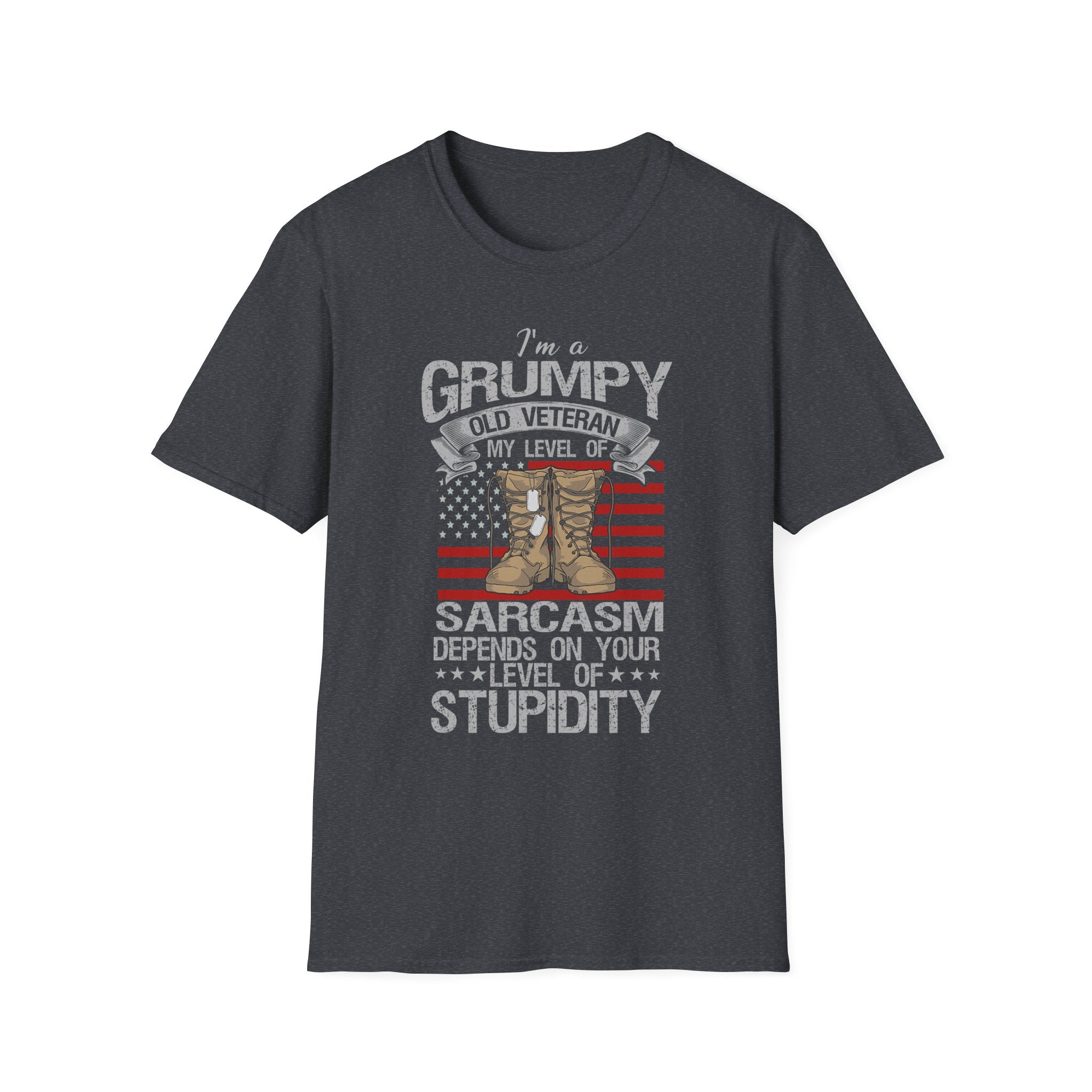 Grumpy Old Veteran Boots, T-Shirt | American Flag, Sarcasm Depends on Stupidity