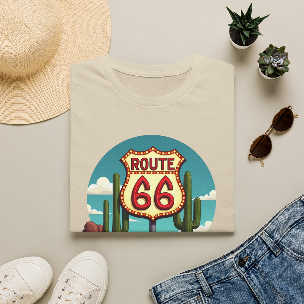 Route 66 Classic Car T-Shirt | Retro Desert Road Sign, Vintage Convertible