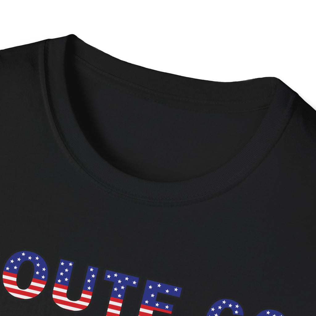 Route 66 Retro Text T-Shirt | American Flag Roadtrip Graphic