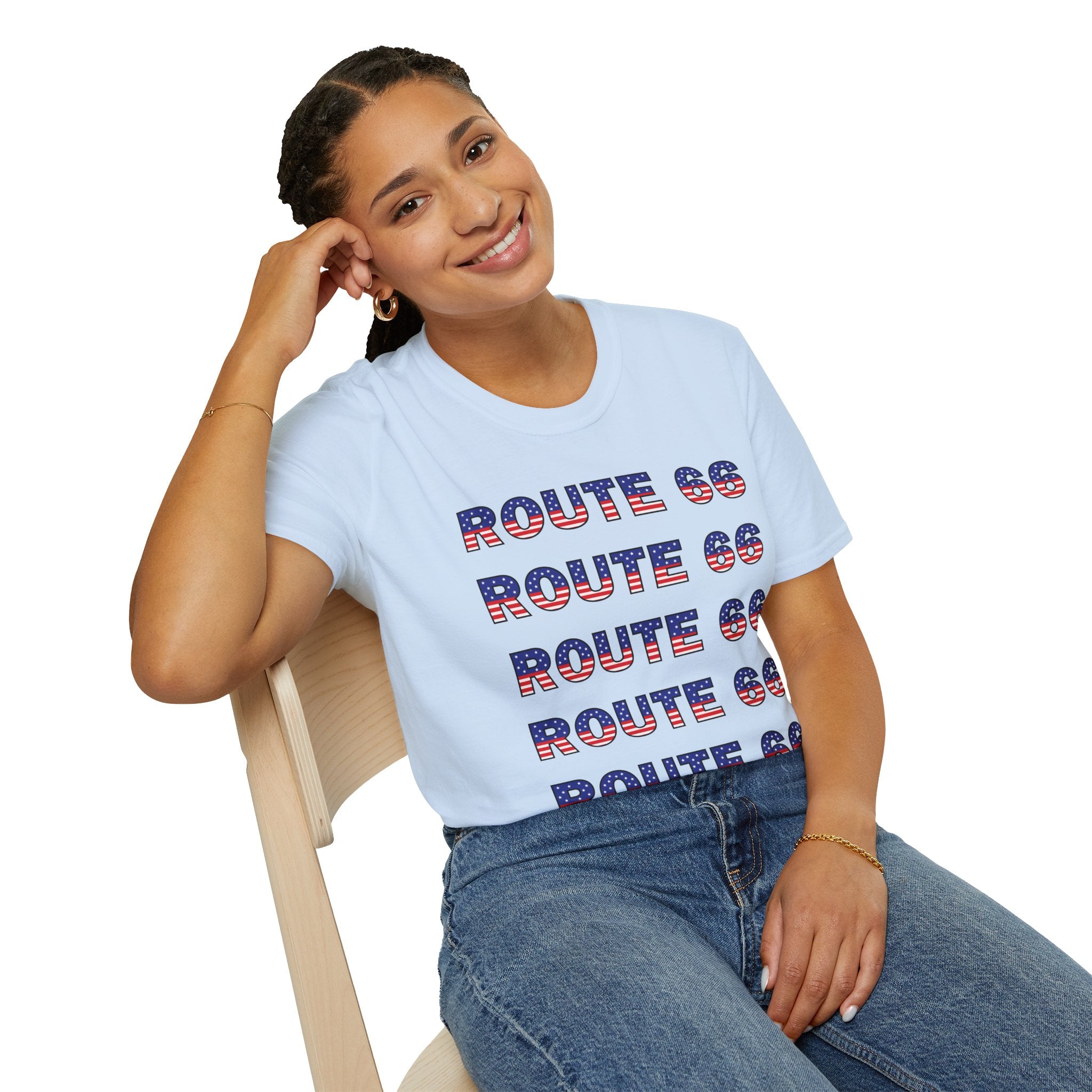 Route 66 Retro Text T-Shirt | American Flag Roadtrip Graphic