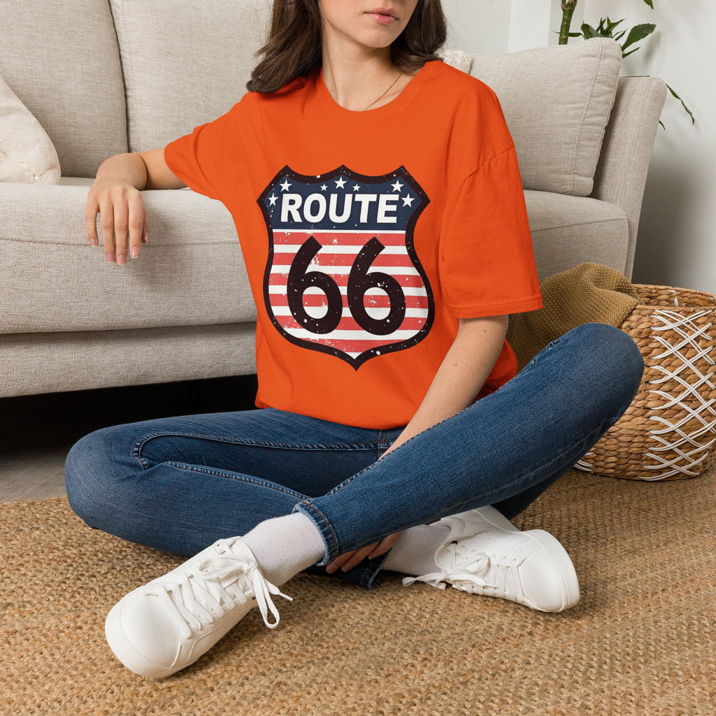 Route 66 Shield T-Shirt | American Flag Vintage Road Sign