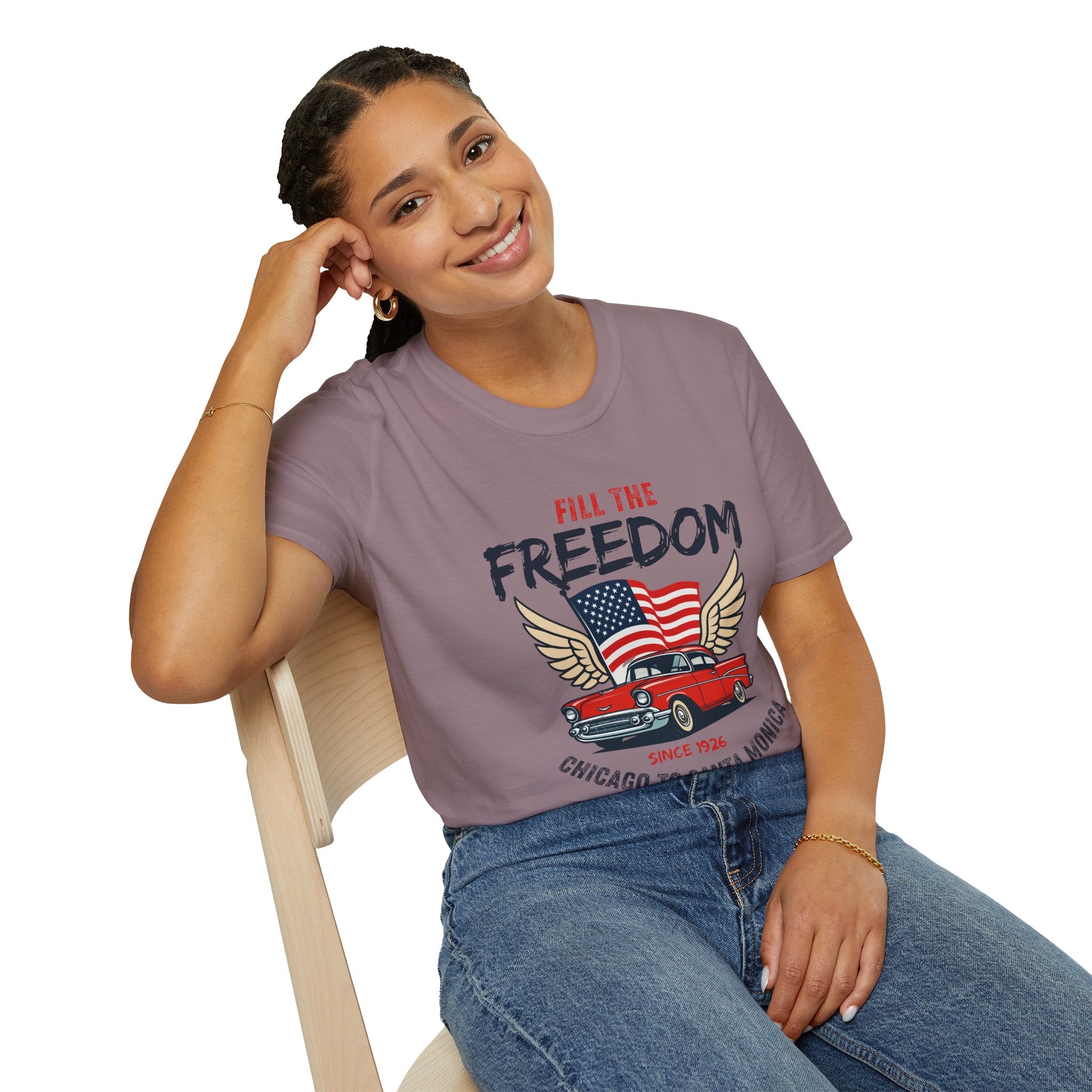 Fill the Freedom Vintage Car T-Shirt | American Flag Wings Chicago to Santa Monica Route 66