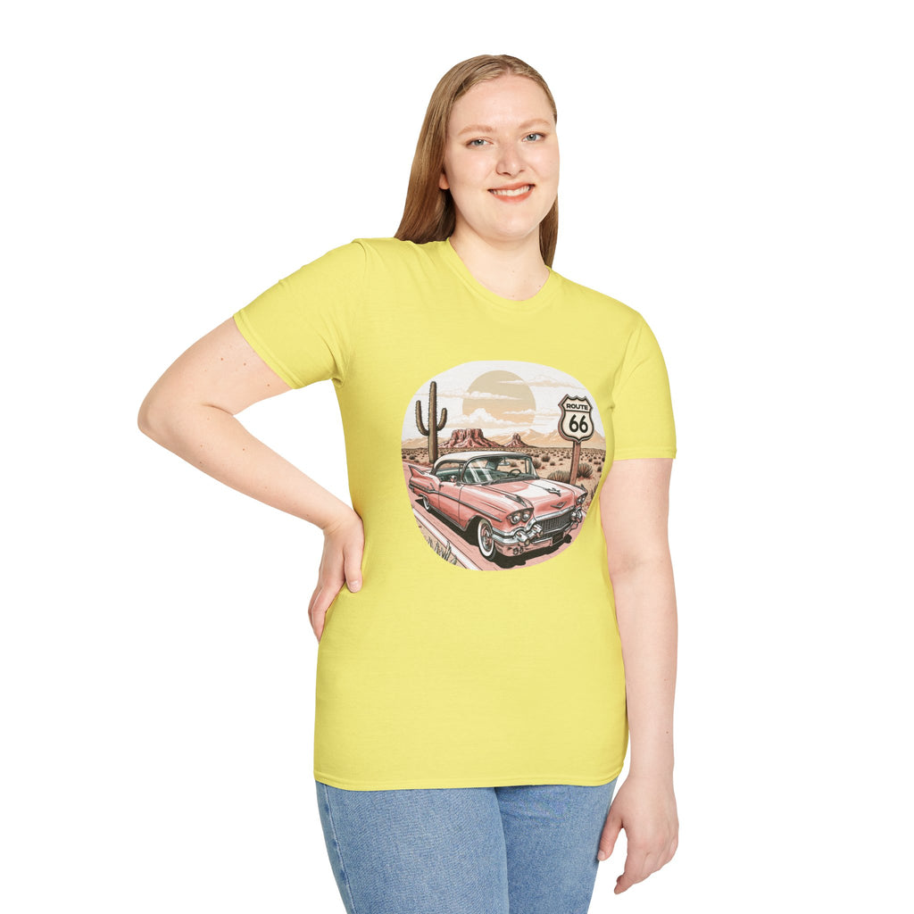 Retro Pink Classic Car Route 66 T-Shirt | Desert Cactus Vintage Roadtrip
