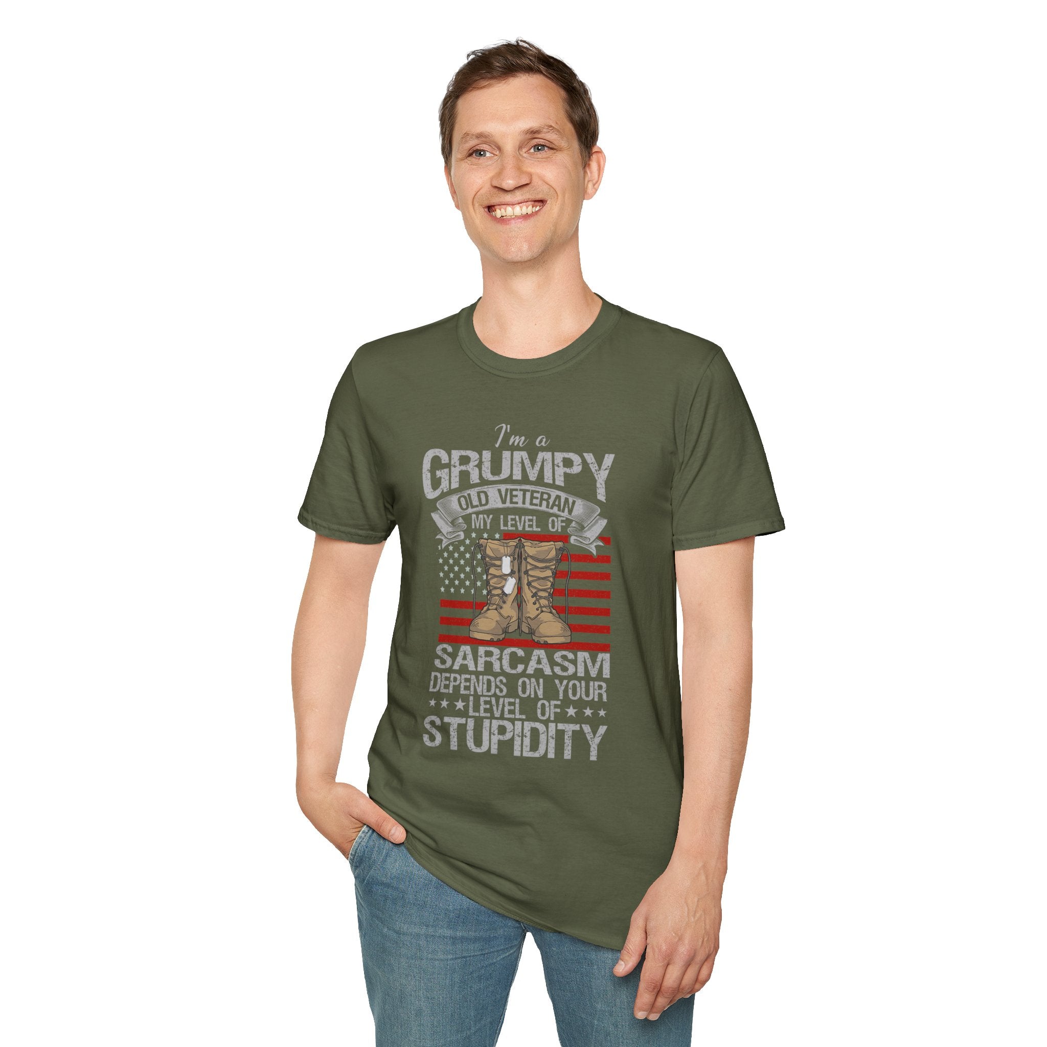 Grumpy Old Veteran Boots, T-Shirt | American Flag, Sarcasm Depends on Stupidity