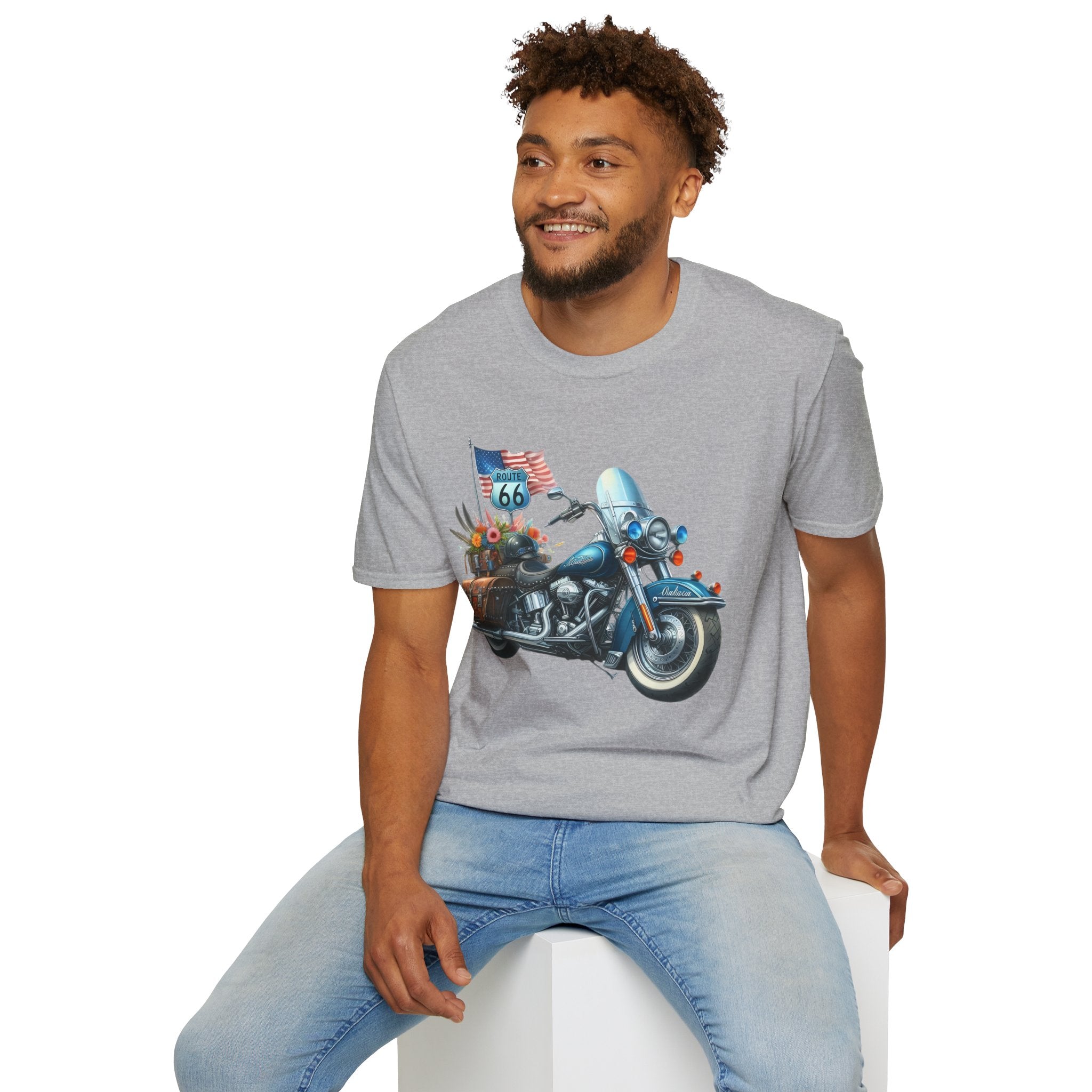Route 66 Motorcycle Illustration T-Shirt | American Flag, Sunflowers