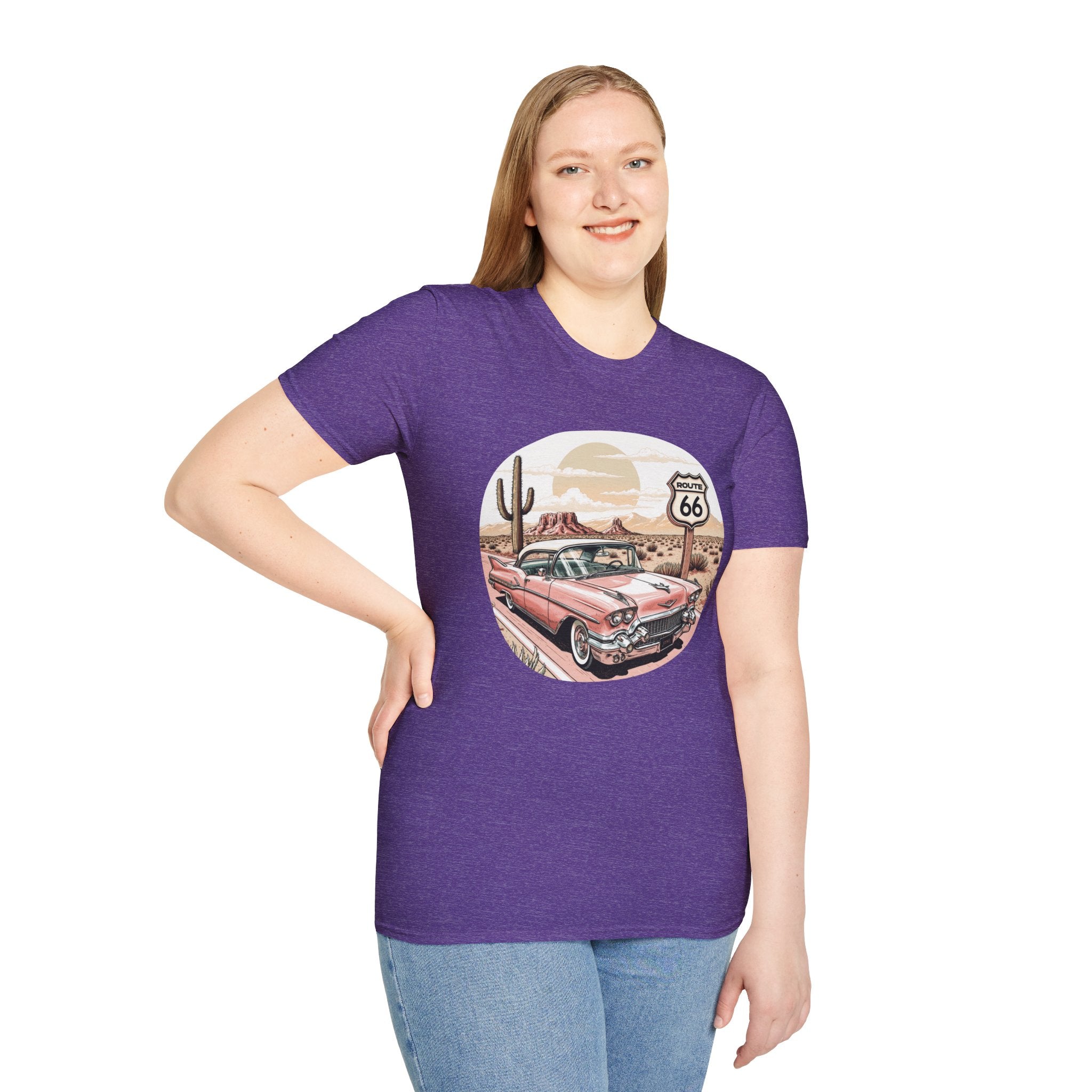 Retro Pink Classic Car Route 66 T-Shirt | Desert Cactus Vintage Roadtrip