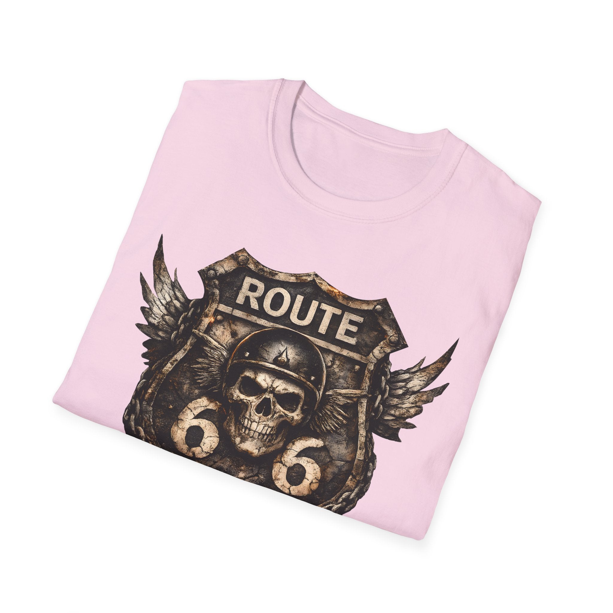 Route 66 Skull Badge T-Shirt | Ride the Legend, Winged Helmet Motorcycle Design