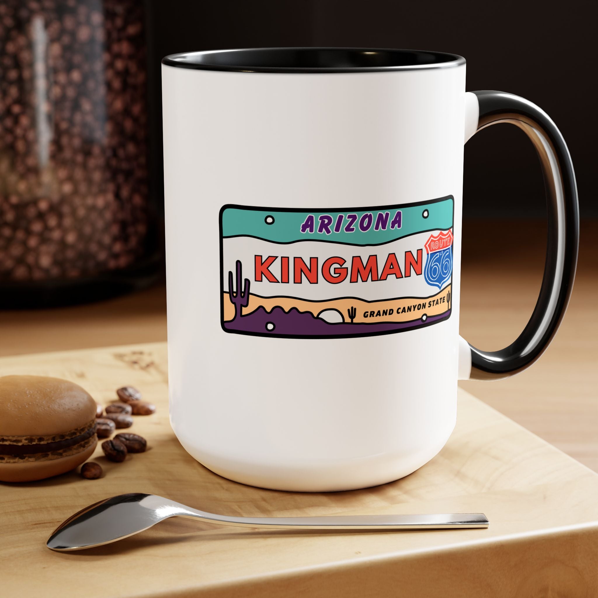Kingman Arizona Route 66 Two-Tone Coffee Mugs, 15oz