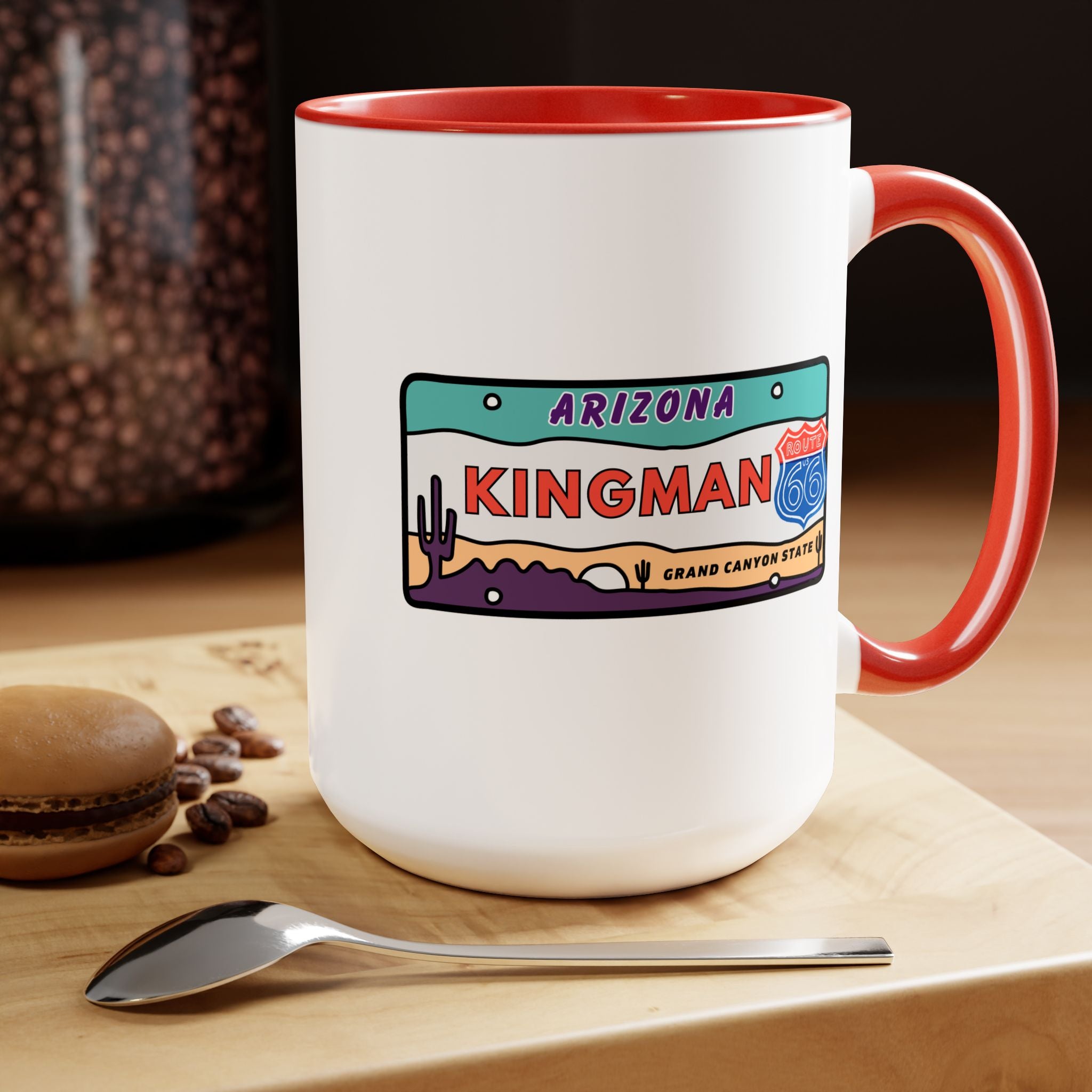 Kingman Arizona Route 66 Two-Tone Coffee Mugs, 15oz