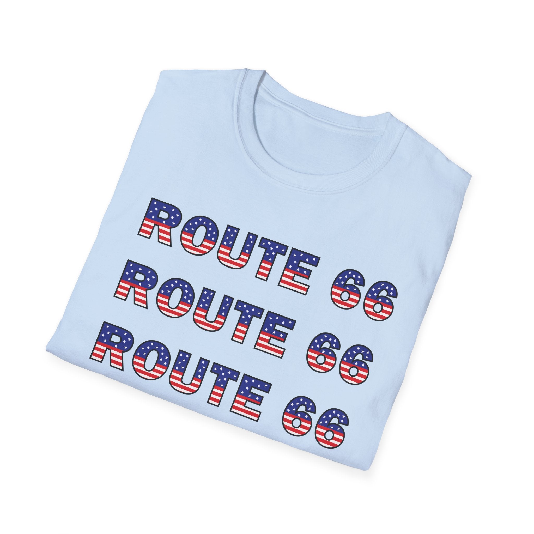 Route 66 Retro Text T-Shirt | American Flag Roadtrip Graphic